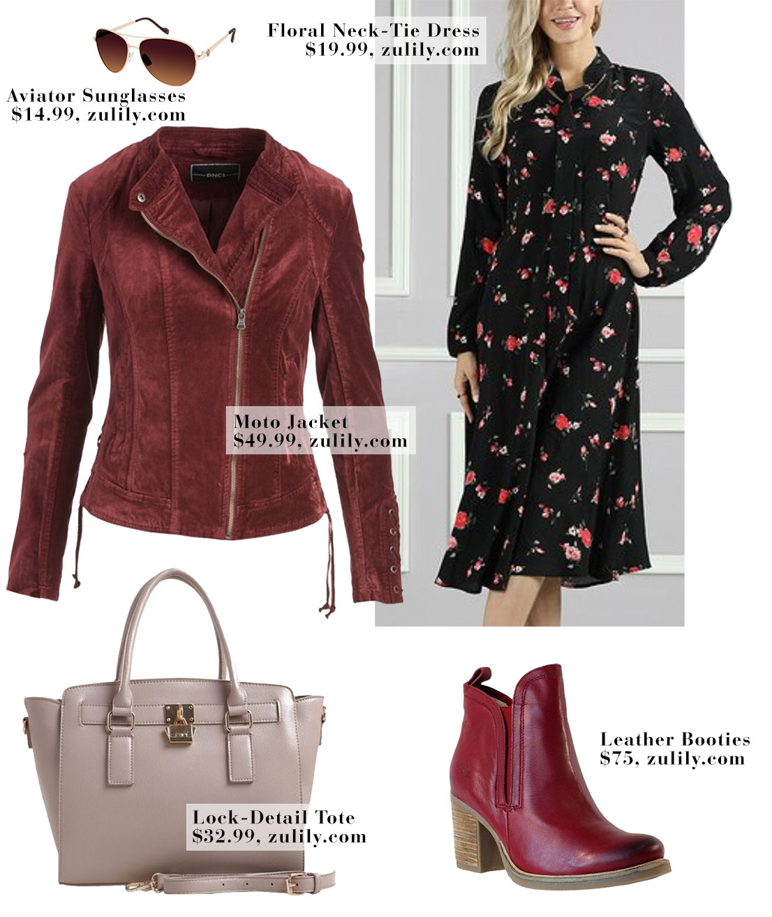 Jessica Biel wears a floral dress with a burgundy red moto jacket and Chanel lace up booties.
