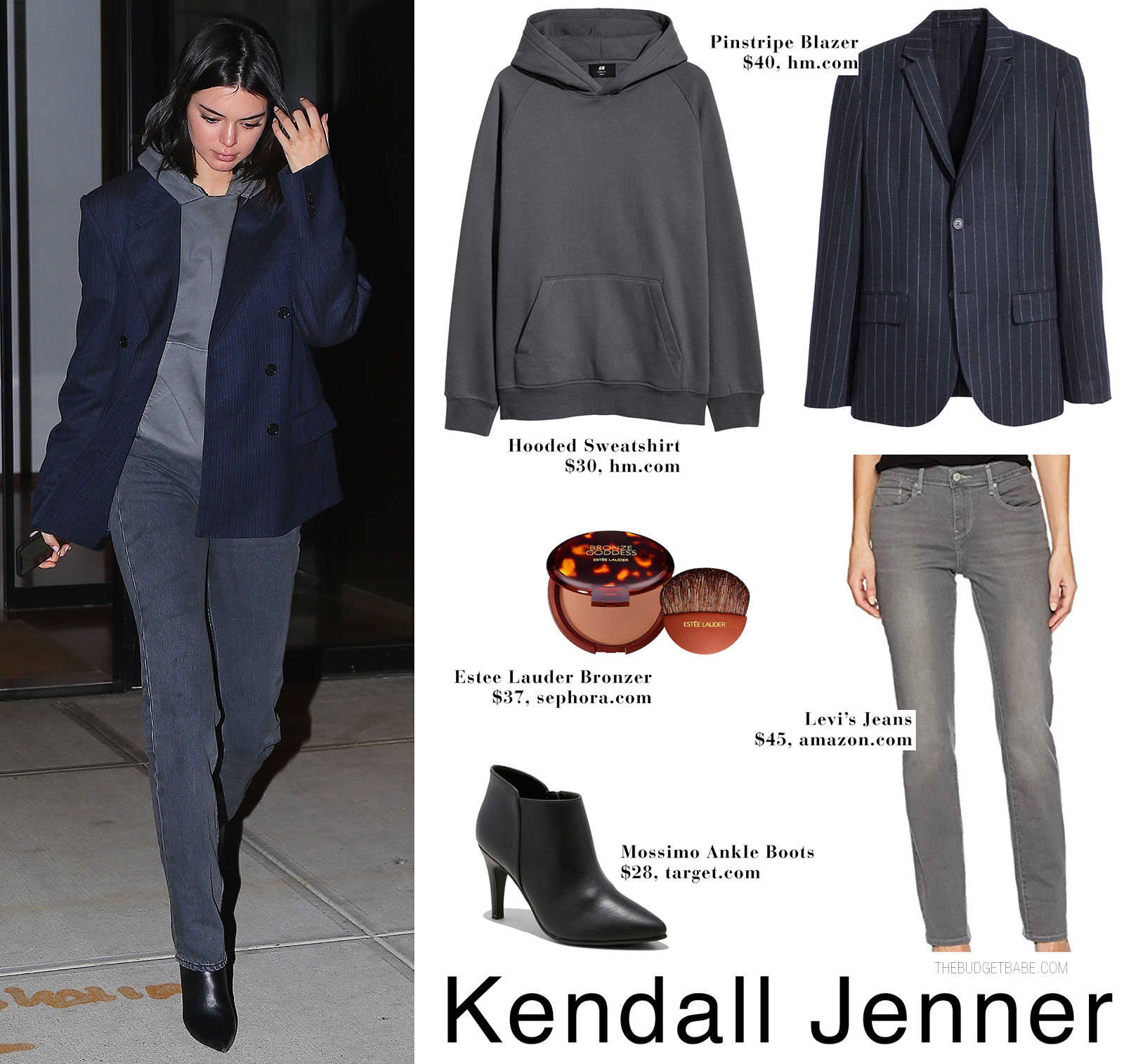 Kendall Jenner wears a pinstripe navy blazer with a hoodie, Yeezy jeans and Balenciaga boots