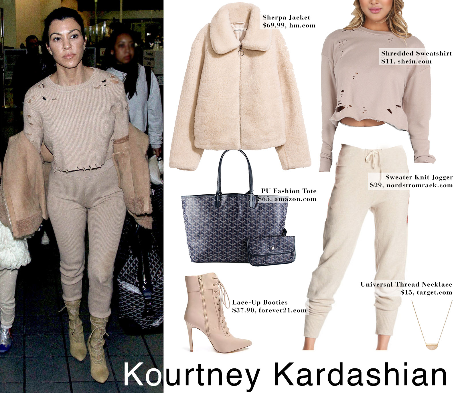 Kourtney Kardashian's beige fur jacket, shredded sweater, knit joggers and lace-up booties.