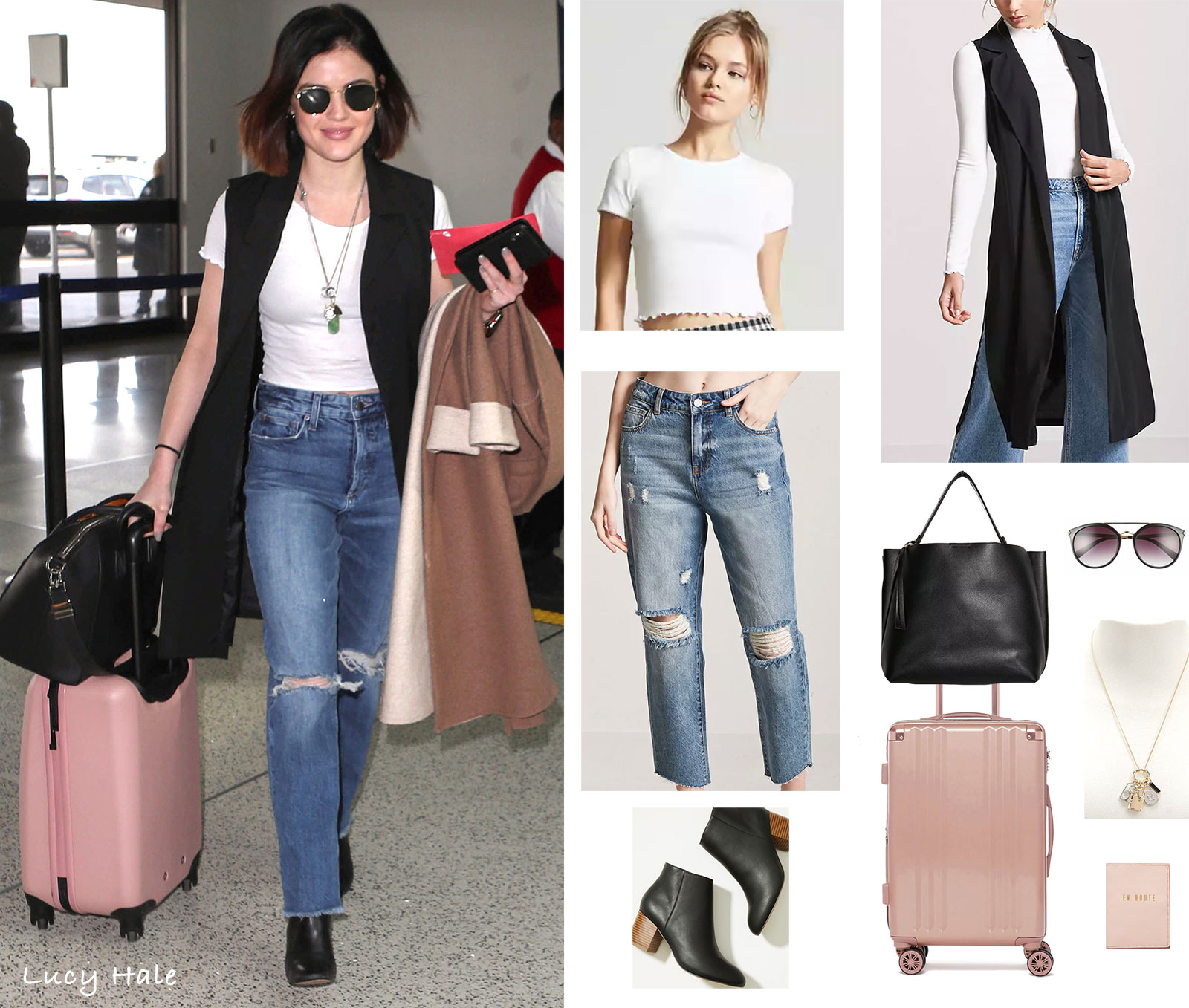 Lucy Hale wears a white tee, black longline vest and boyfriend jeans while traveling through LAX.