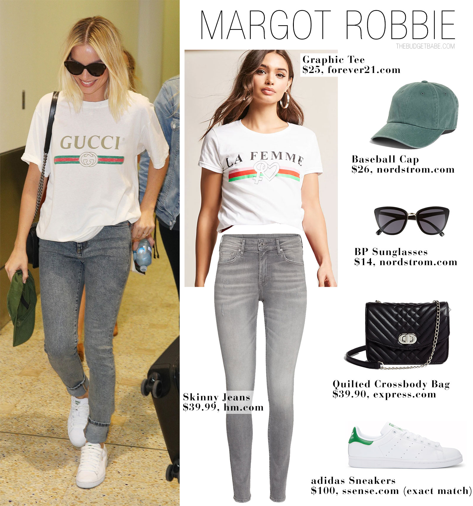 Margot Robbie wears a Gucci logo t-shirt with skinny jeans and Adidas Stan Smith sneakers.