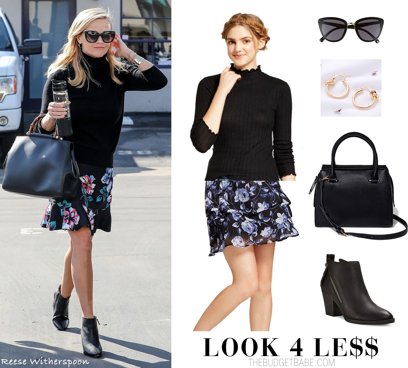 Reese Witherspoon Look for Less Fashion Style in Draper James Floral Skirt and Black Turtleneck Sweater