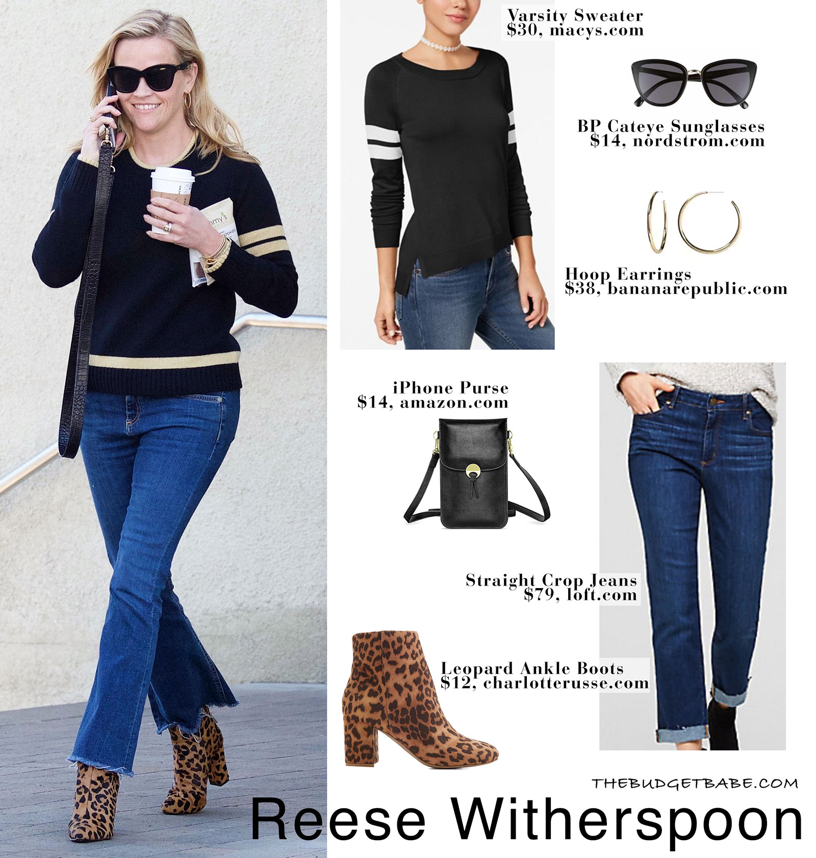 Reese Witherspoon wears her Draper James Spirit sweater with crop jeans and leopard print ankle booties.