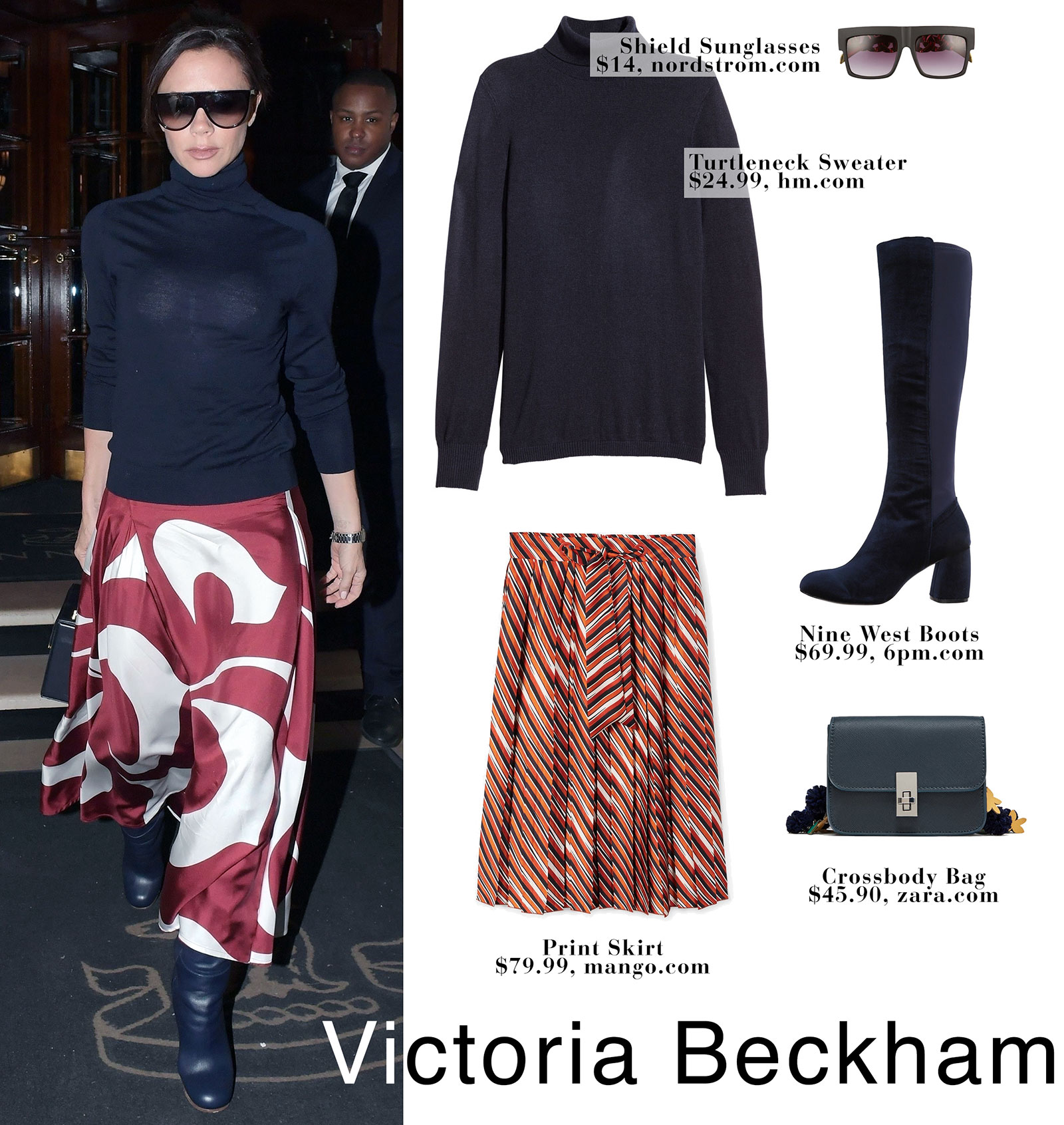 Victoria Beckham's print midi skirt and navy turtleneck look for less