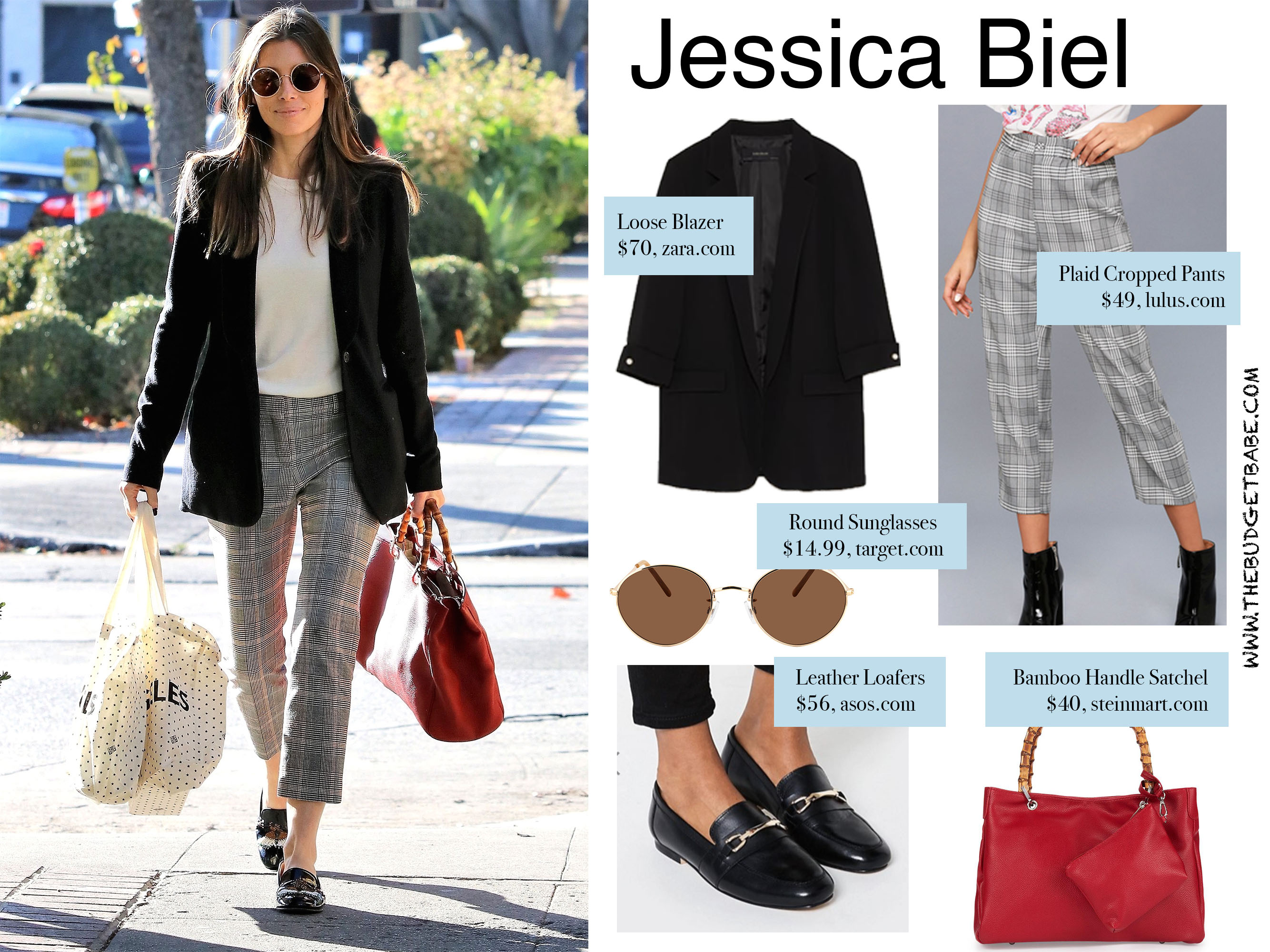 Jessica Biel's plaid check pants, blazer and loafers look for less