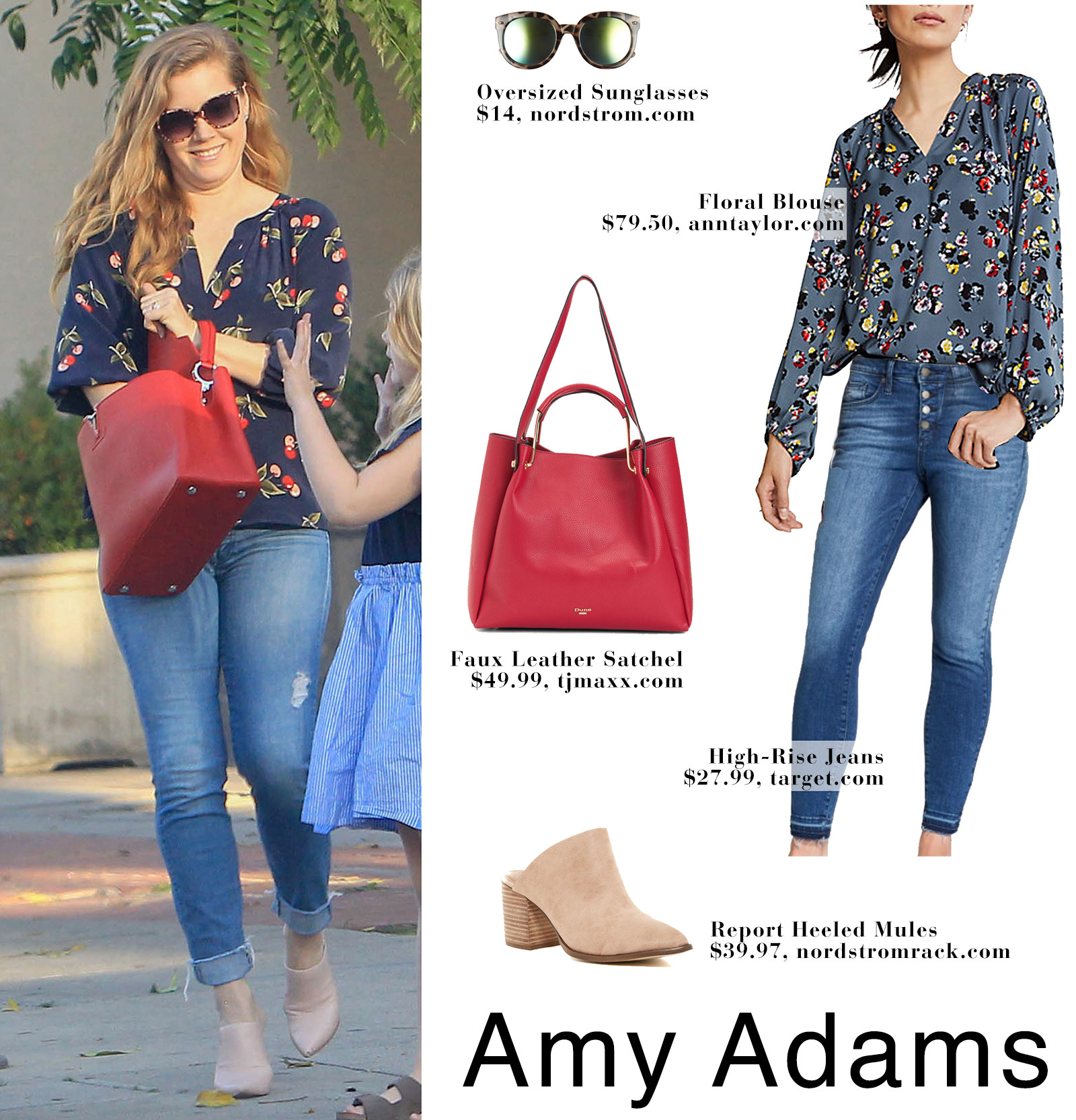 Amy Adams' wears a Joie cherry print blouse with jeans and nude mule heels.