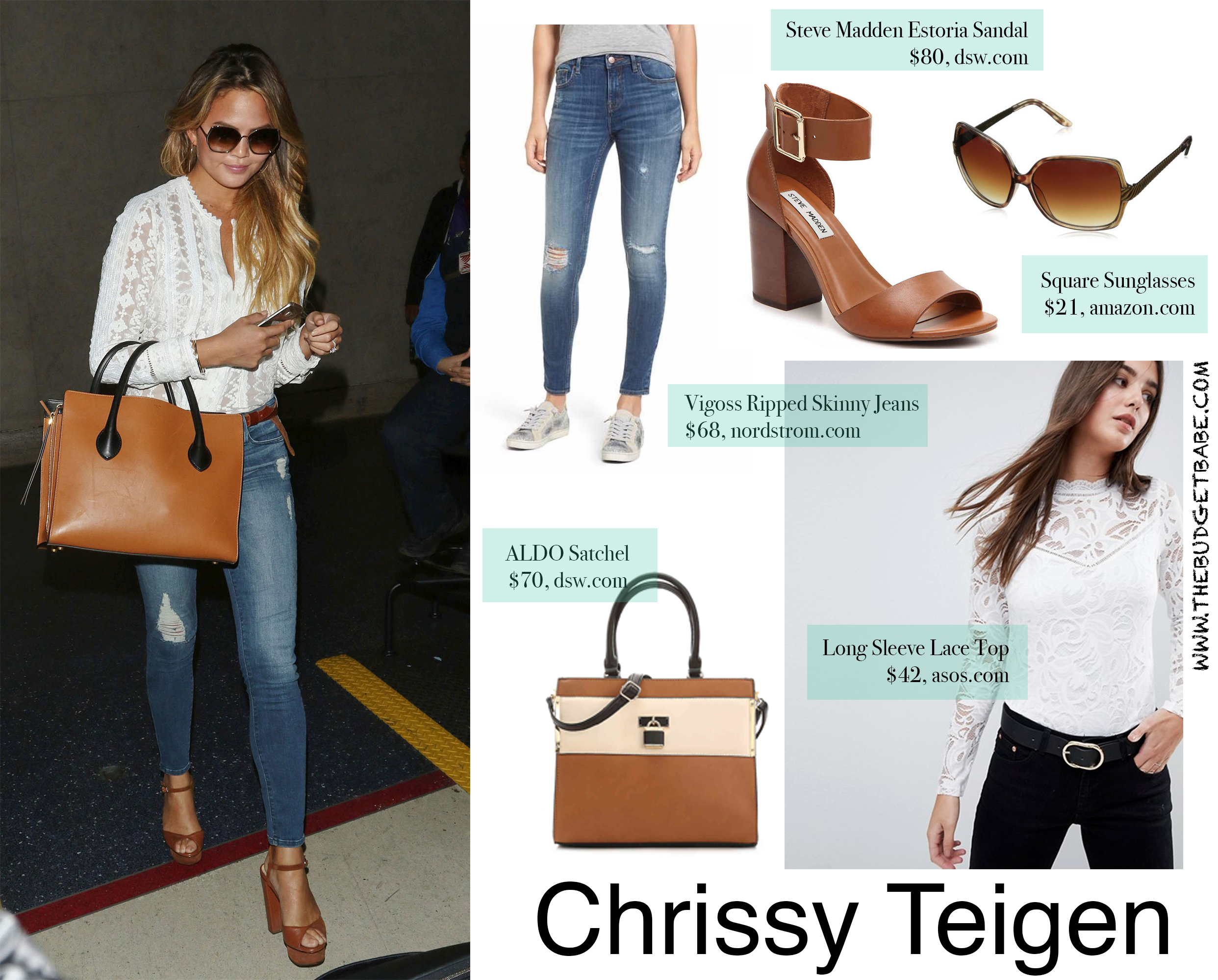 Chrissy Teigen look for less - white blouse skinny jeans and cognac heel sandals