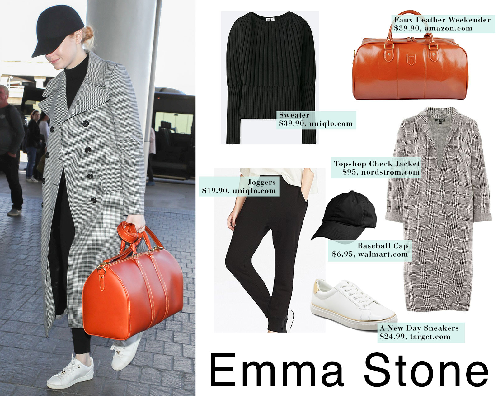Emma Stone travels in a black monochromatic look with white sneakers, leather duffel weekender suitcase, black baseball cap and gray check plaid trench coat.