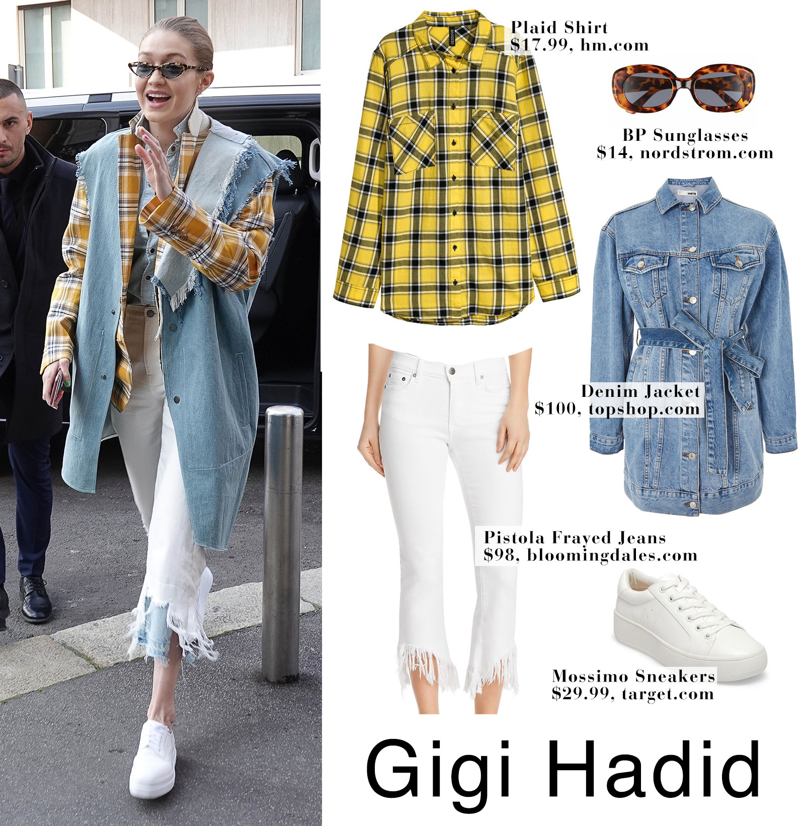Gigi Hadid's yellow plaid shirt, denim vest and white frayed crop jeans look for less