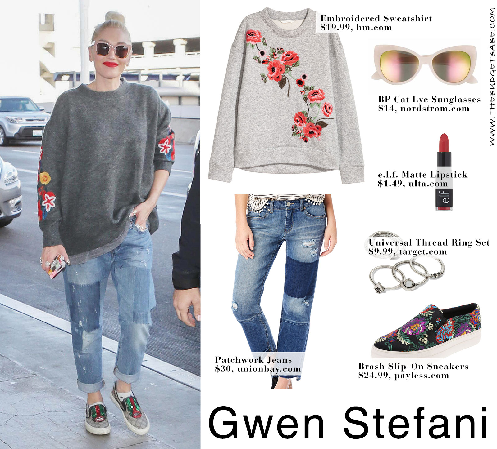 Gwen Stefani's floral embroidered sweatshirt and Gucci sneakers look for less