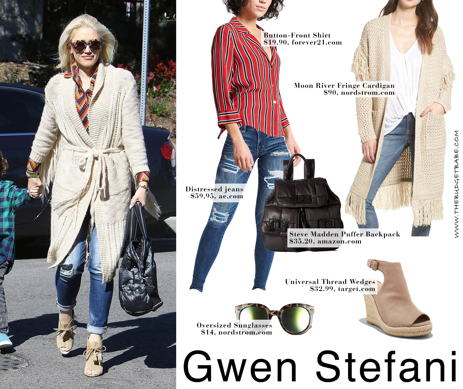Gwen Stefani's fringe cardigan and wedge booties look for less