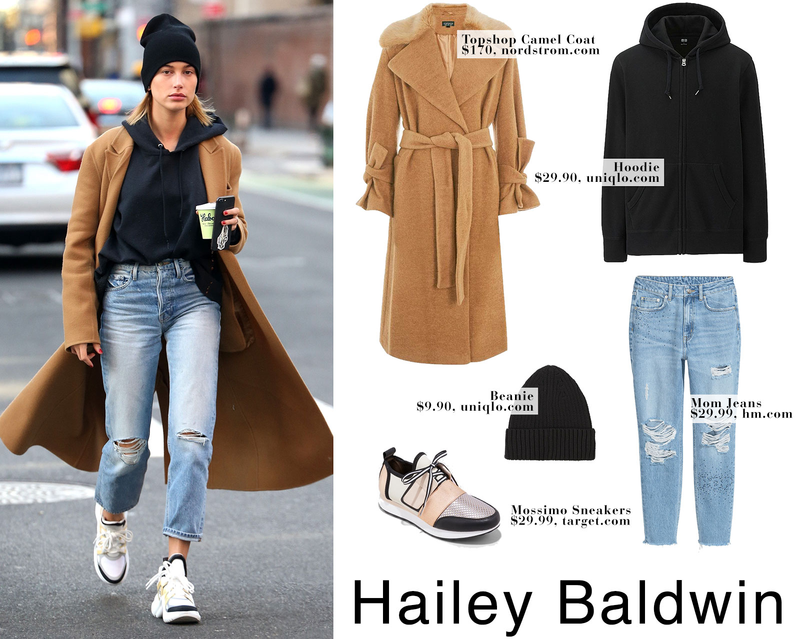 Hailey Baldwin's camel coat, black hoodie, mom jeans and Louis Vuitton sneakers look for less