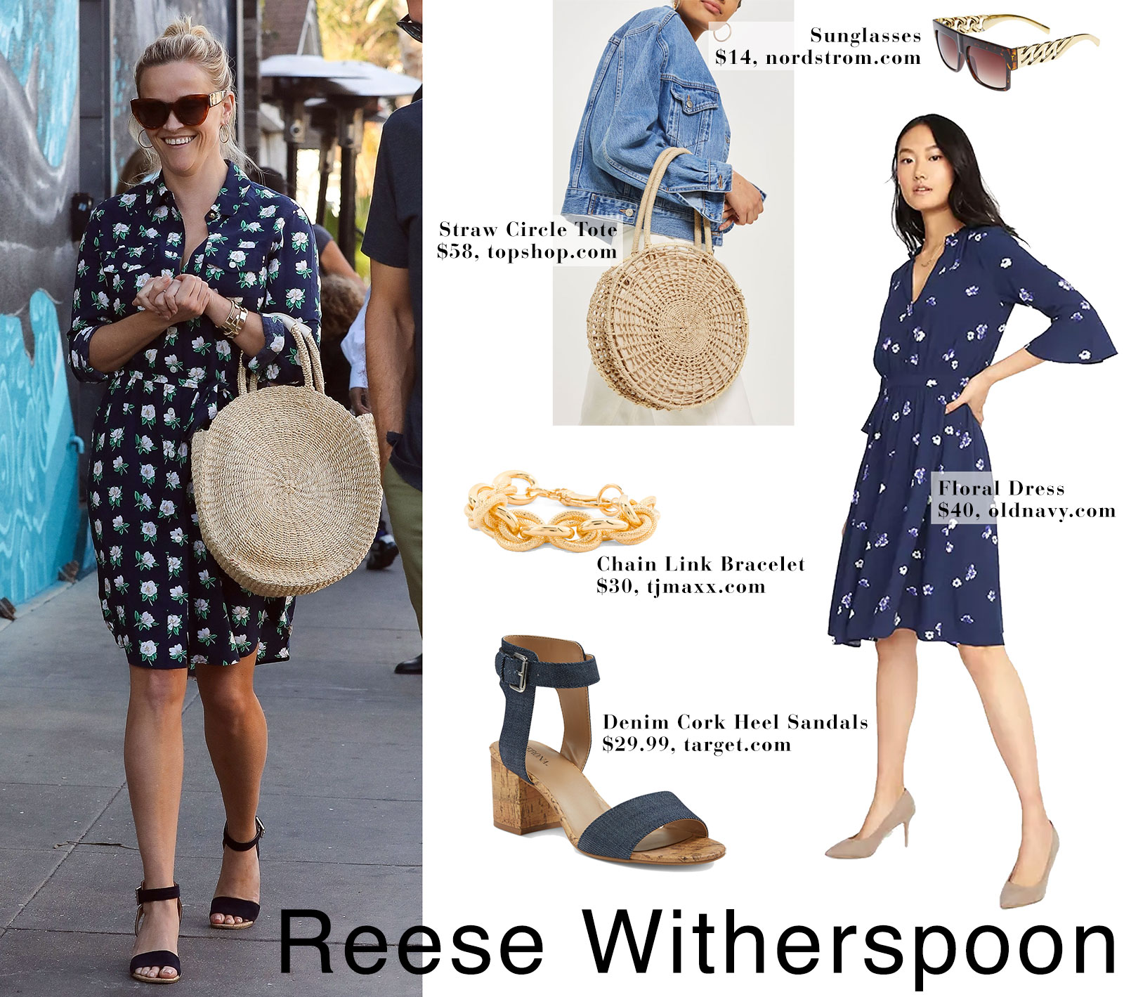 Reese Witherspoon's floral shirtdress and straw circle tote bag look for less