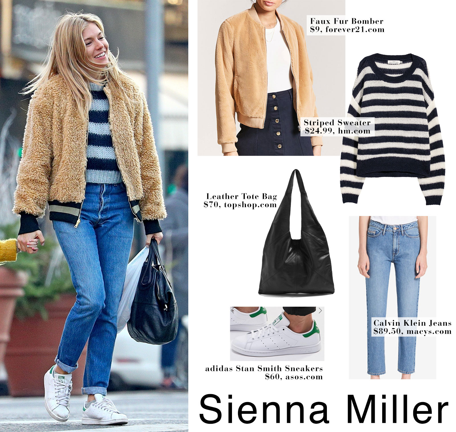 Sienna Miller wears a faux fur bomber jacket with Adidas sneakers with daughter Marlowe while out and about in NYC.