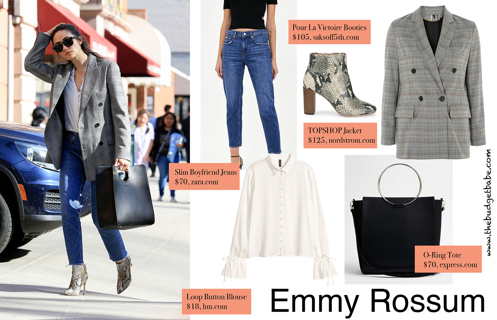 Emmy Rossum's check blazer and python booties look for less