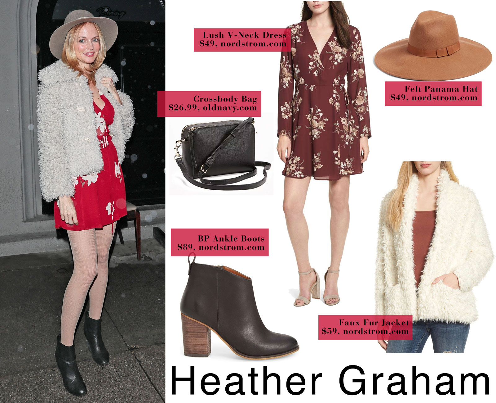 Heather Graham wears a floral Reformation dress with ankle boots and a furry coat.