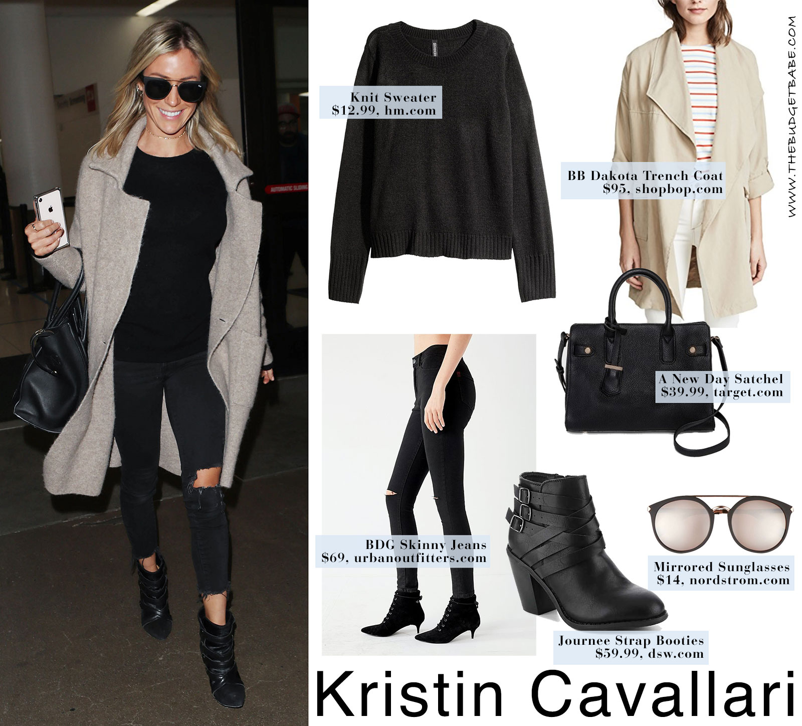 Kristin Cavallari's tan coat and black sweater with black ankle boots look for less