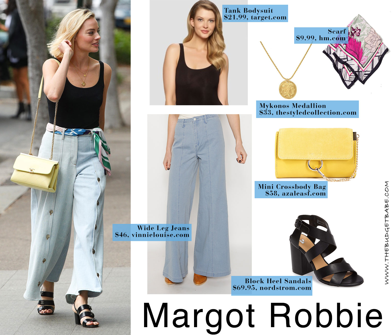 Margot Robbie's wide leg pants and block heels look for less