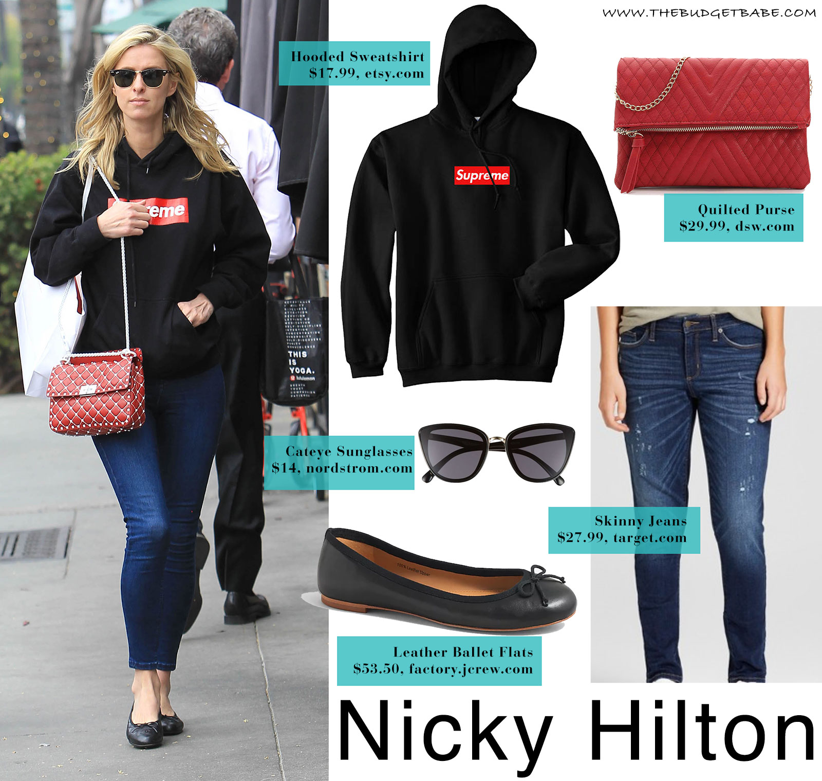 Nicky Hilton's Supreme sweatshirt and Valentino bag look for less