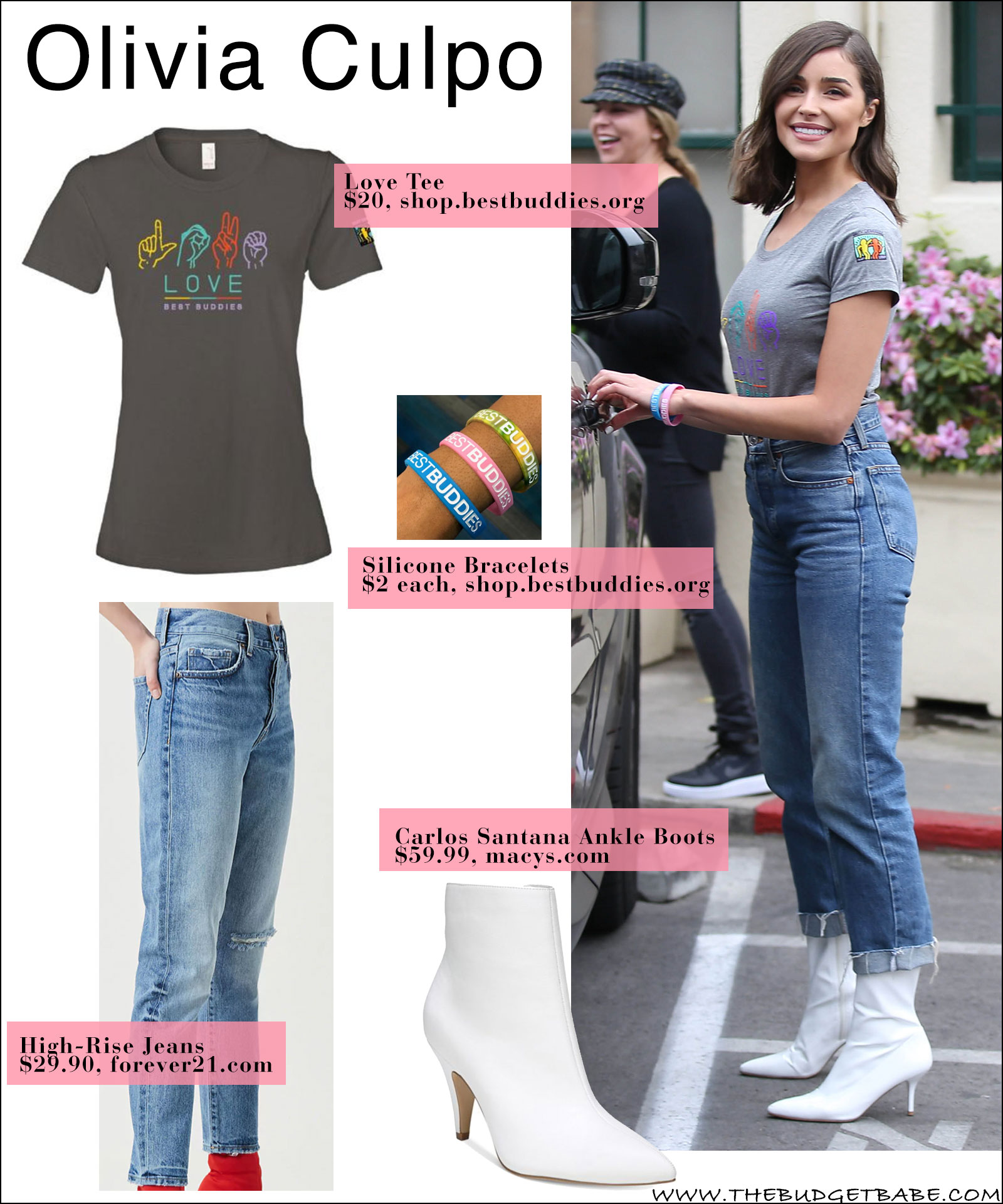 Olivia Culpo wears a Love Best Buddies T-Shirt with high waist jeans and white ankle boots