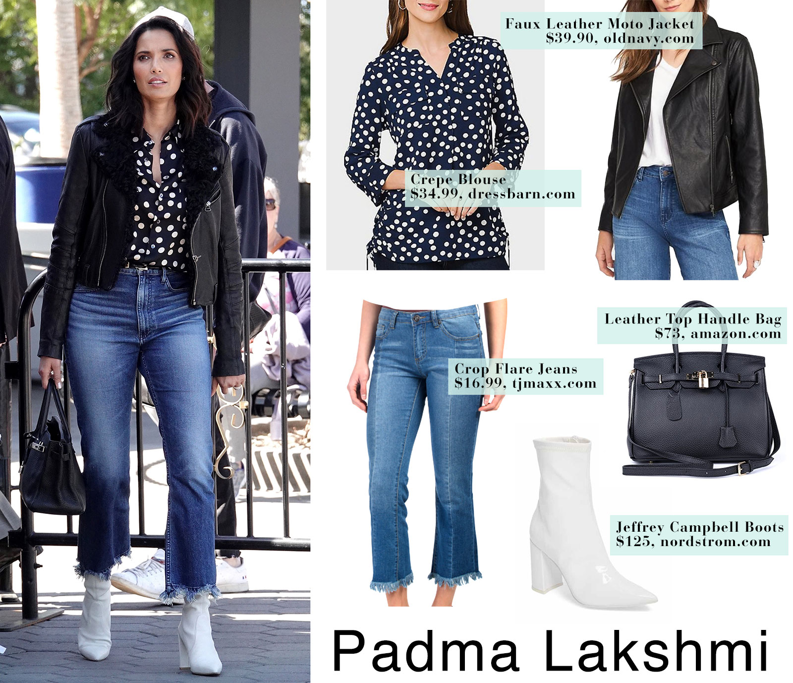 Padma Lakshmi's polka dot blouse and white ankle boots look for less