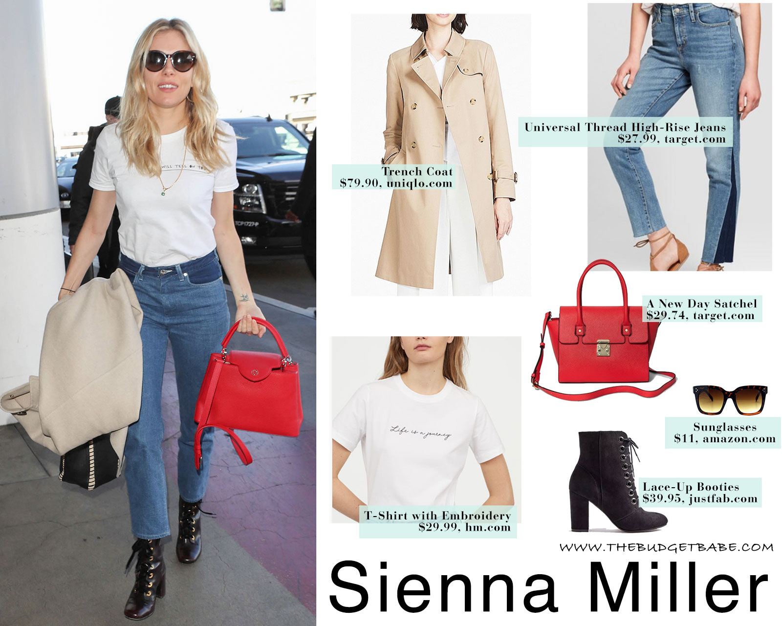 Sienna Miller's white t-shirt, high-rise jeans, black ankle boots and red purse look for less