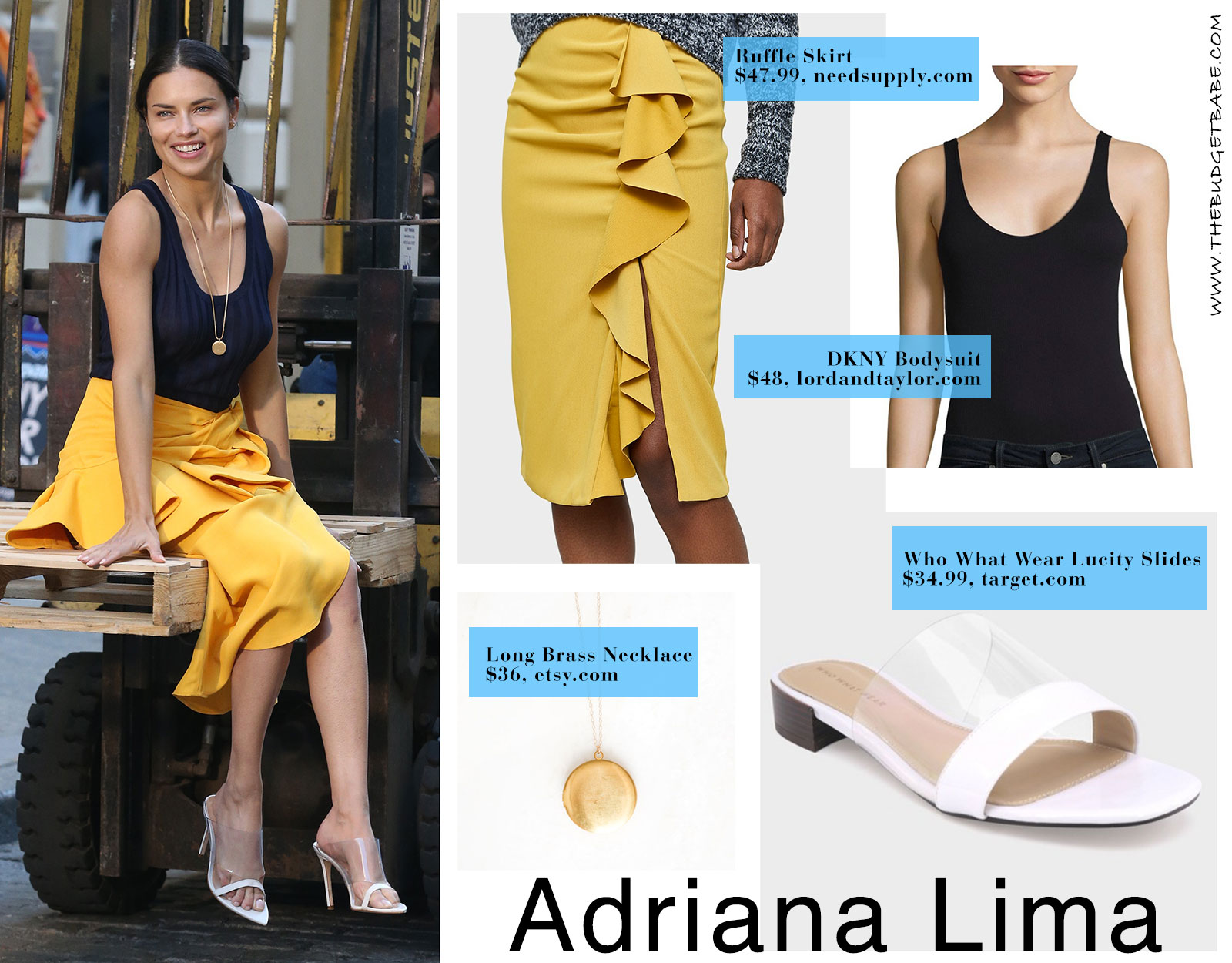 Adriana Lima yellow skirt black bodysuit and transparent slides look for less