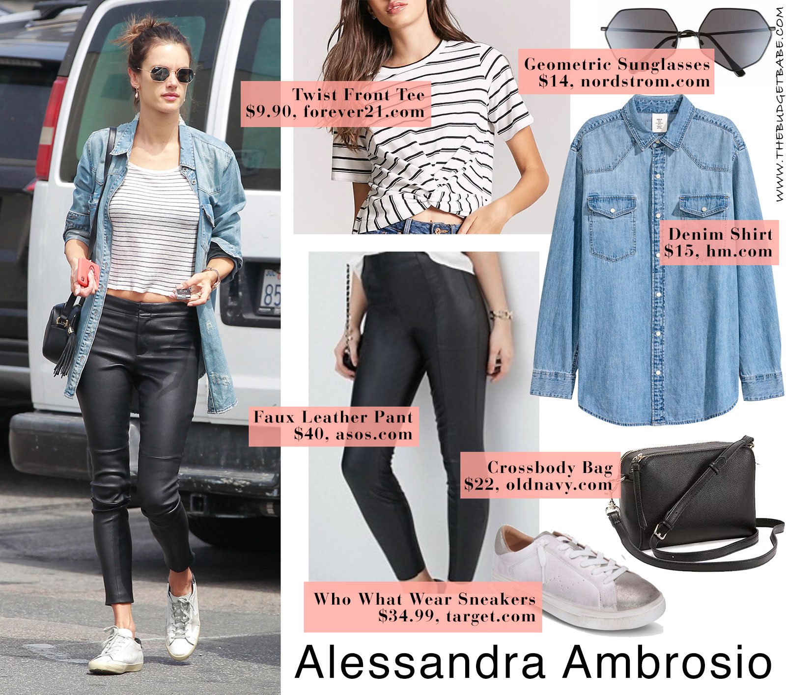 Alessandra Ambrosio's denim shirt and leather leggings look for less