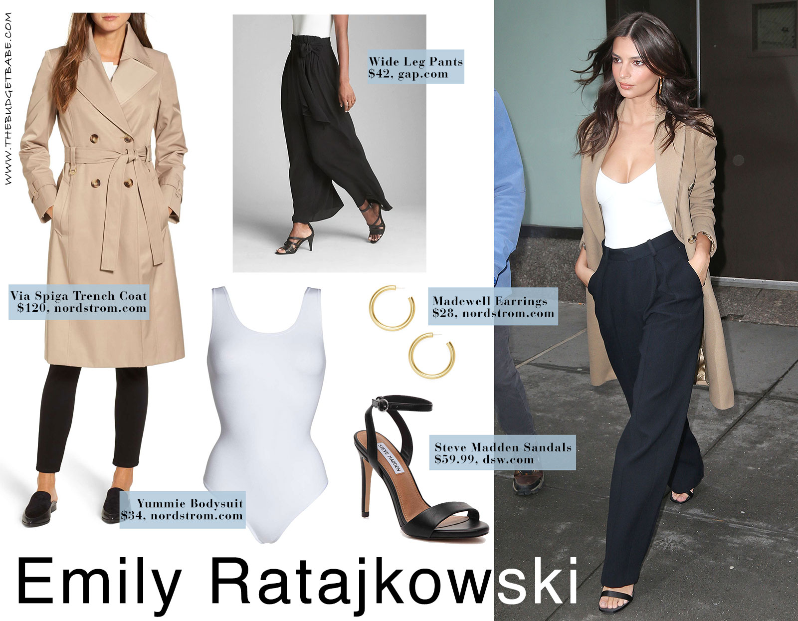 Emily Ratajkowski's white bodysuit, black wide leg pants and trench coat look for less.