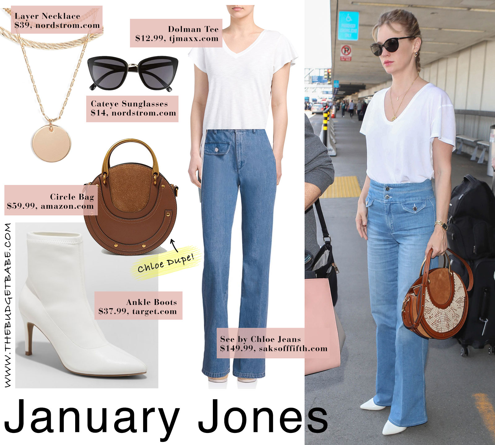 January Jones style featuring white tee, high waist button-fly jeans and white boots with Chloe bag