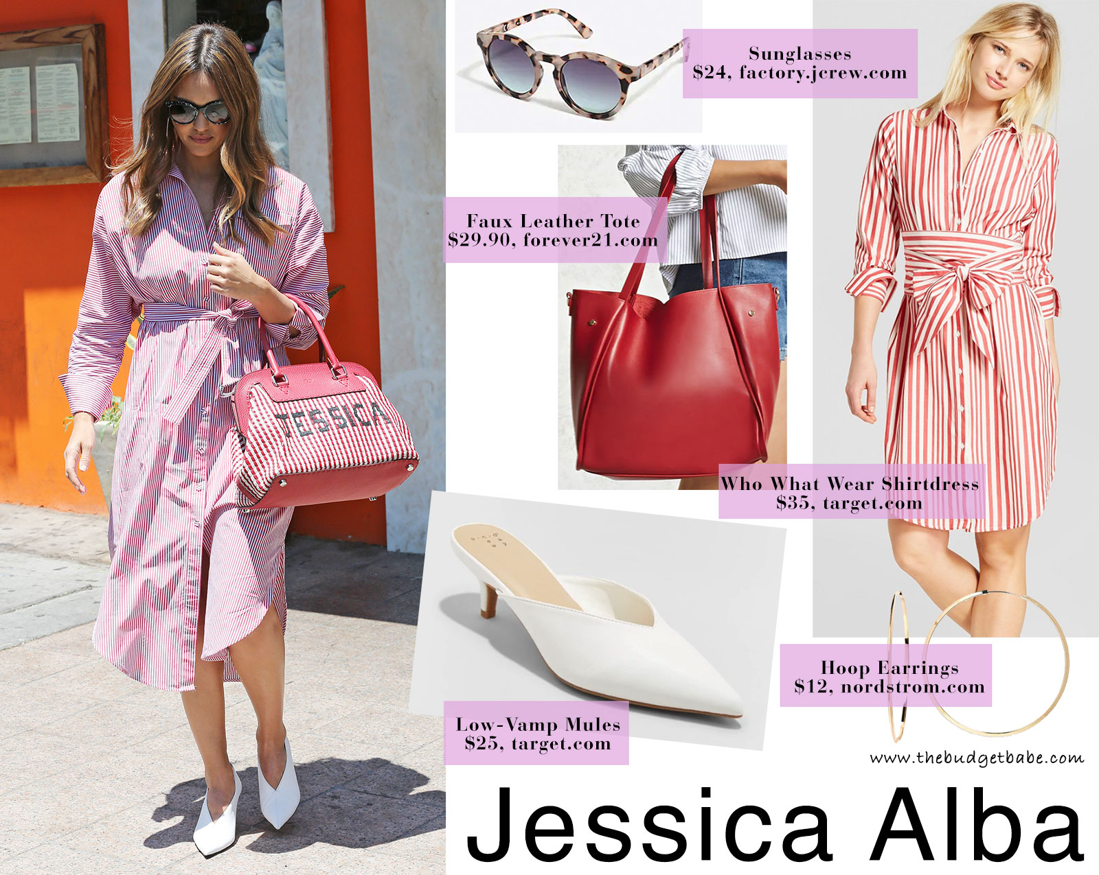 Jessica Alba's red pinstripe shirtdress and low vamp heels look for less
