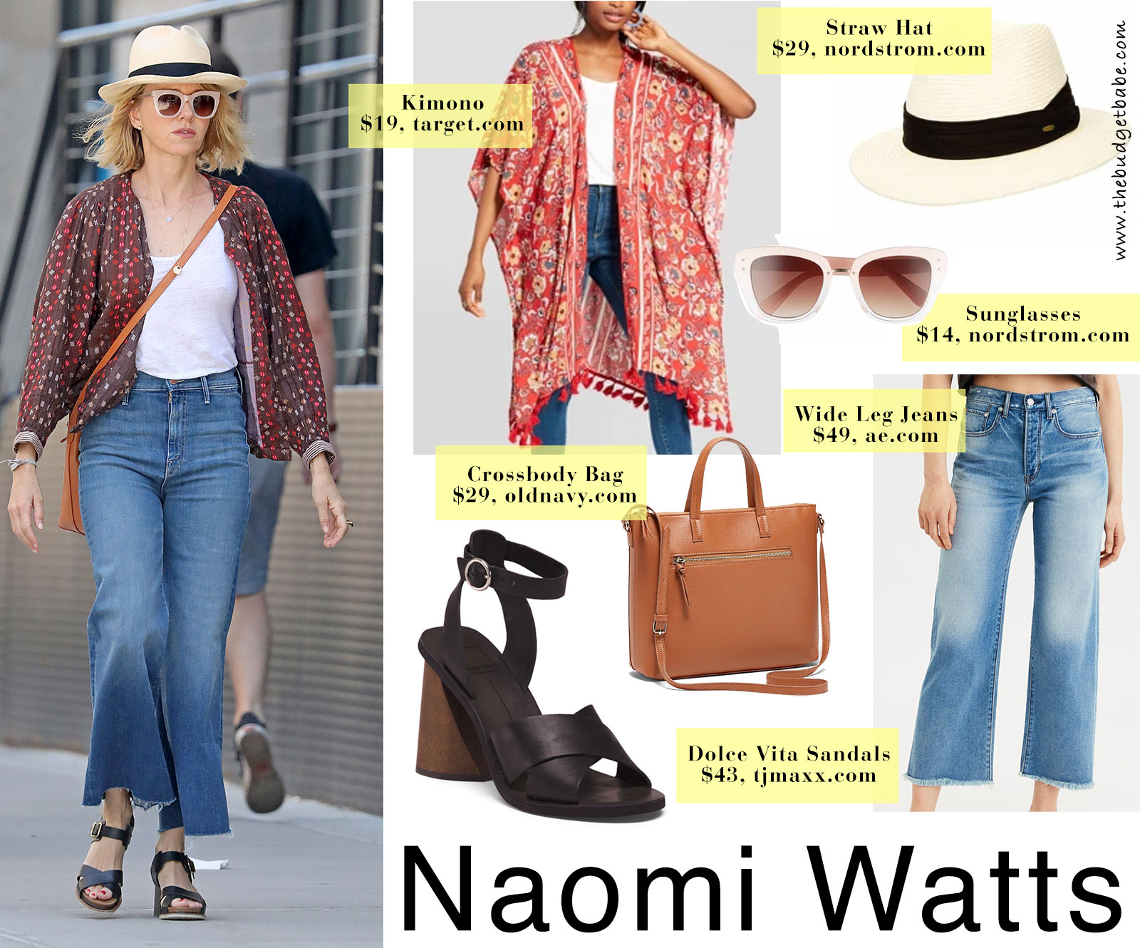 Naomi Watts' print jacket and wide leg pants look for less