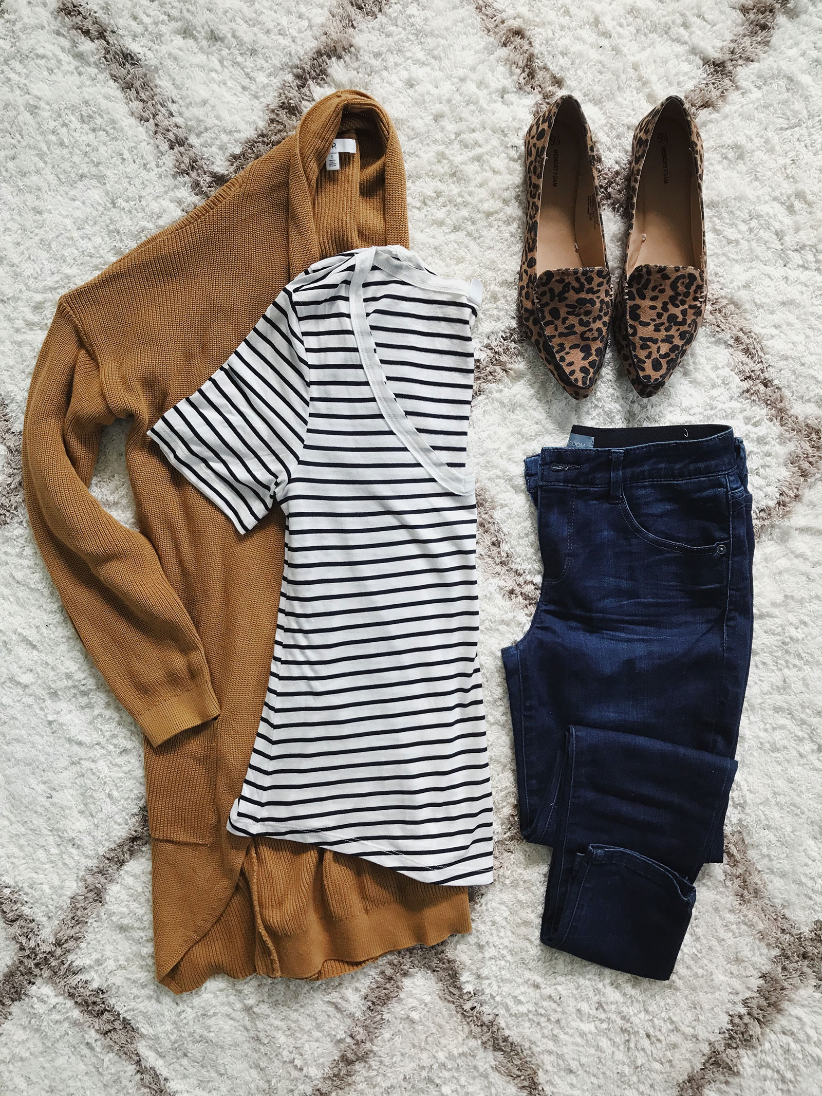 Fall outfit idea with camel cardigan, striped tee and leopard flats