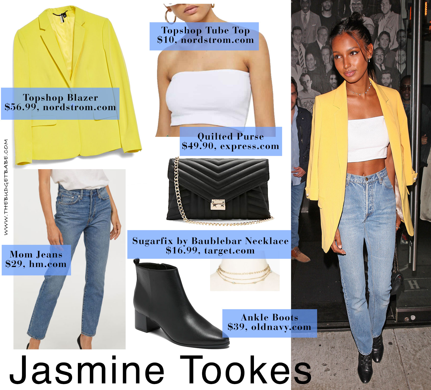 Jasmine Tookes wears a yellow blazer, white crop top and mom jeans