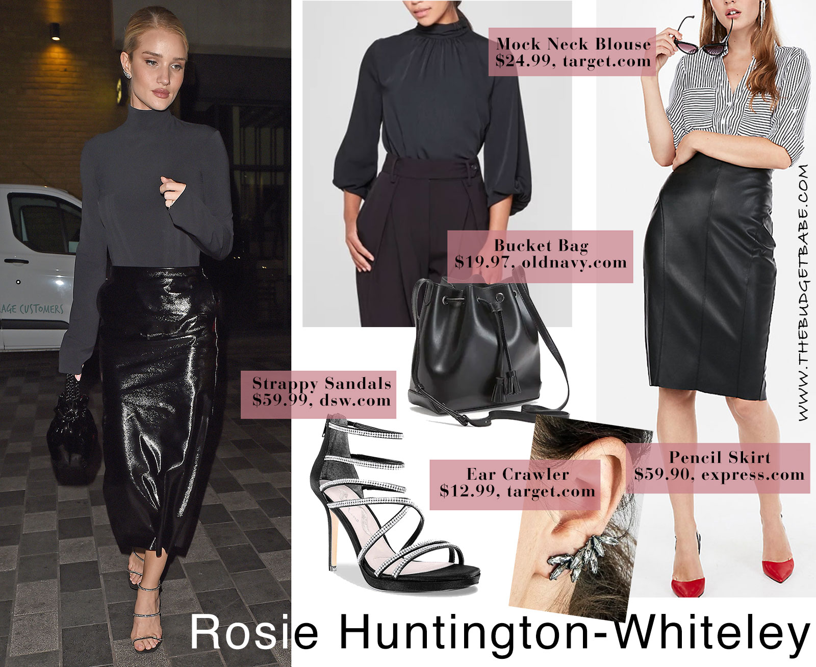Rosie Huntington-Whiteley's black pencil skirt and bucket bag look for less