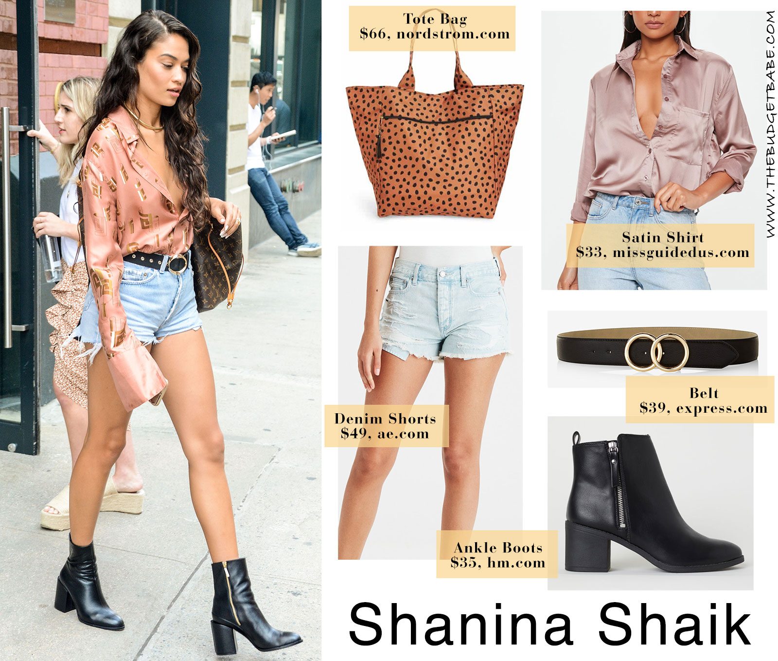Shanina Shaik's satin blouse and ankle boots look for less