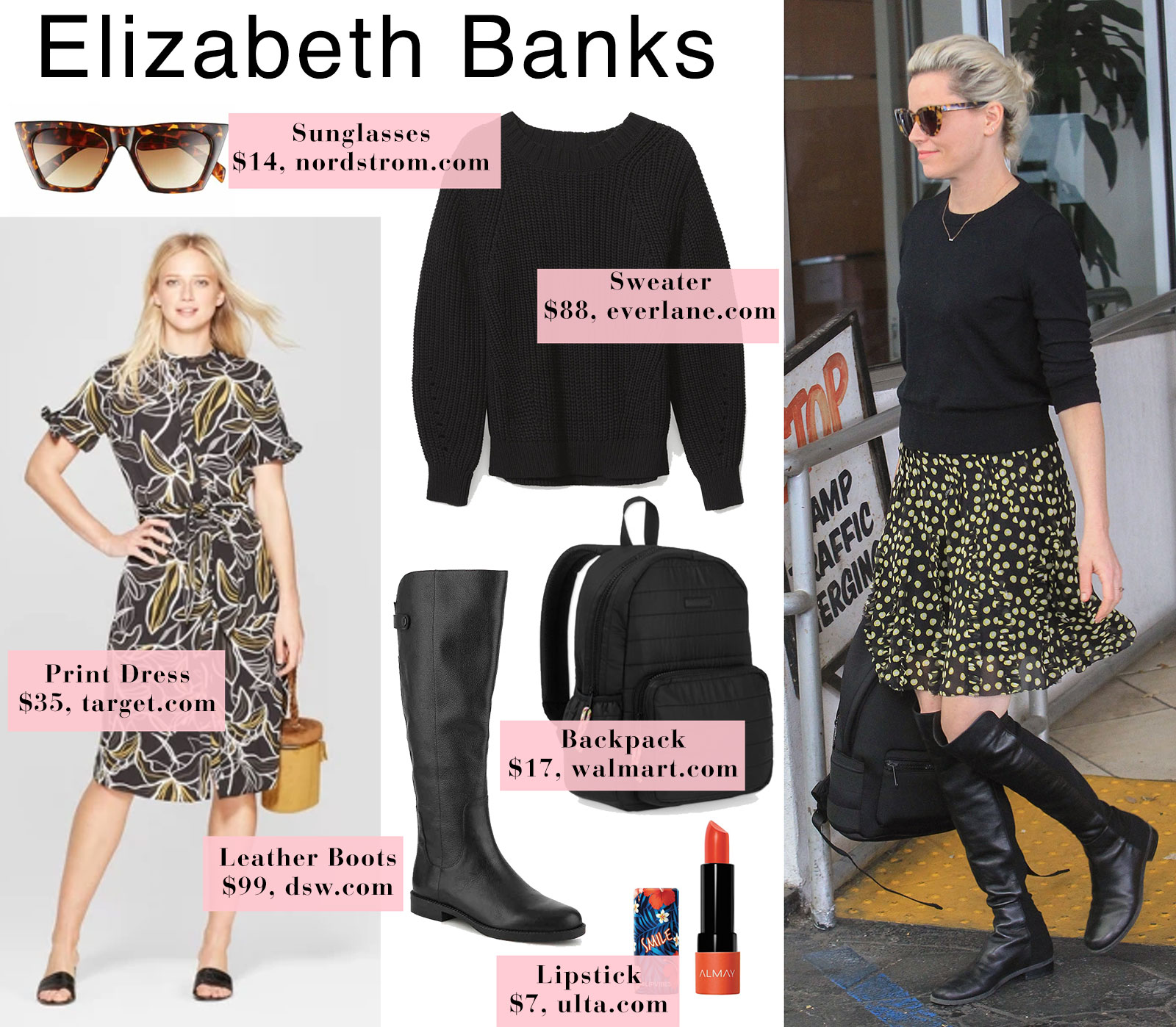 Elizabeth Banks outfit idea - layer a sweater over a spring dress