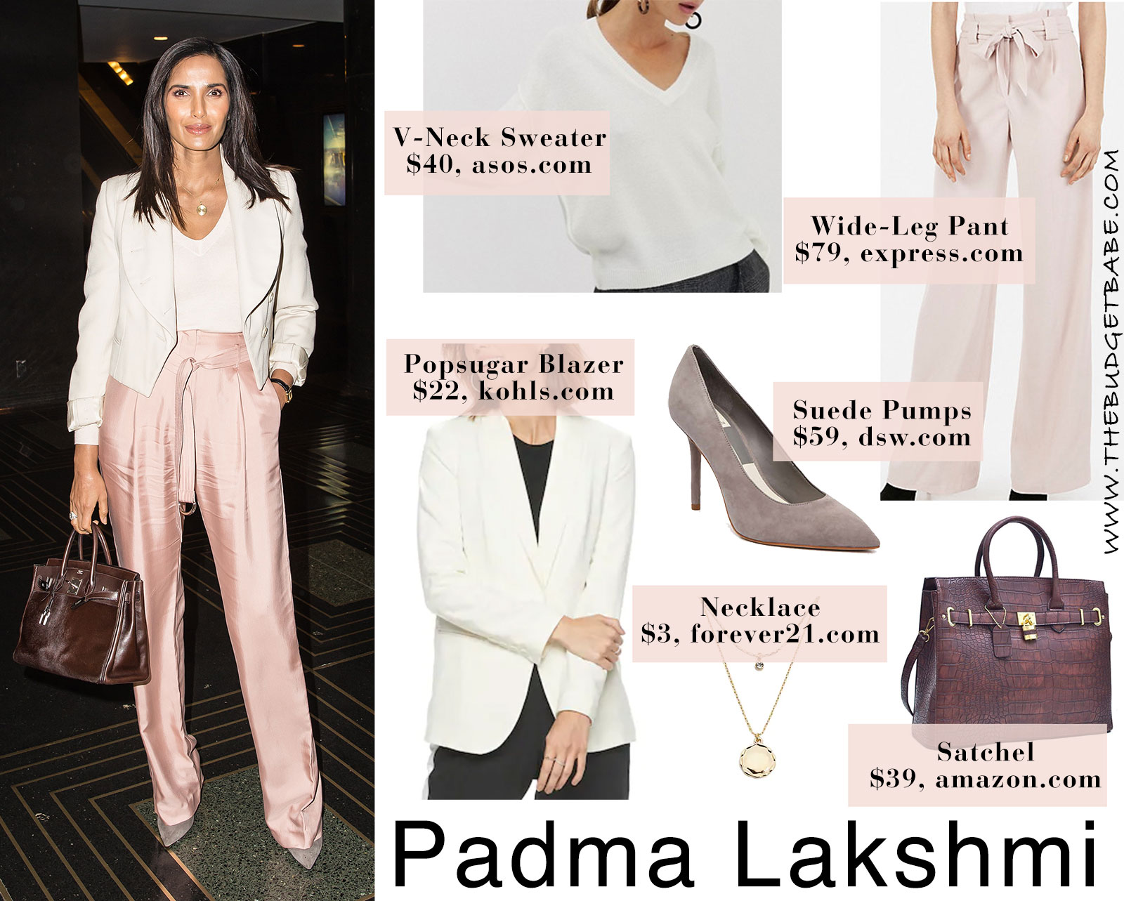 Padma Lakshmi in pink pants, white blazer, gray pumps