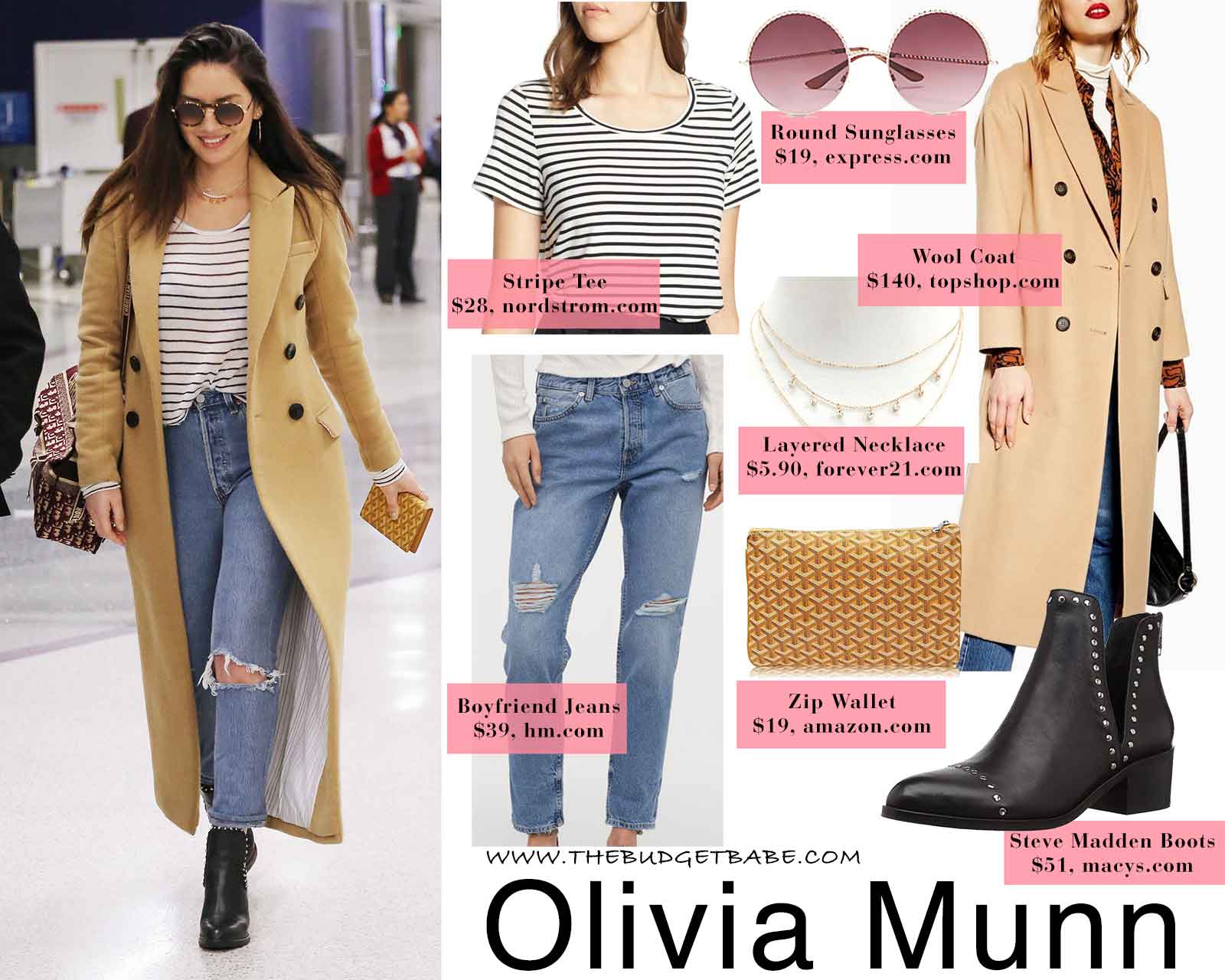 Olivia Munn's camel coat and striped tee, perfect everyday outfit!