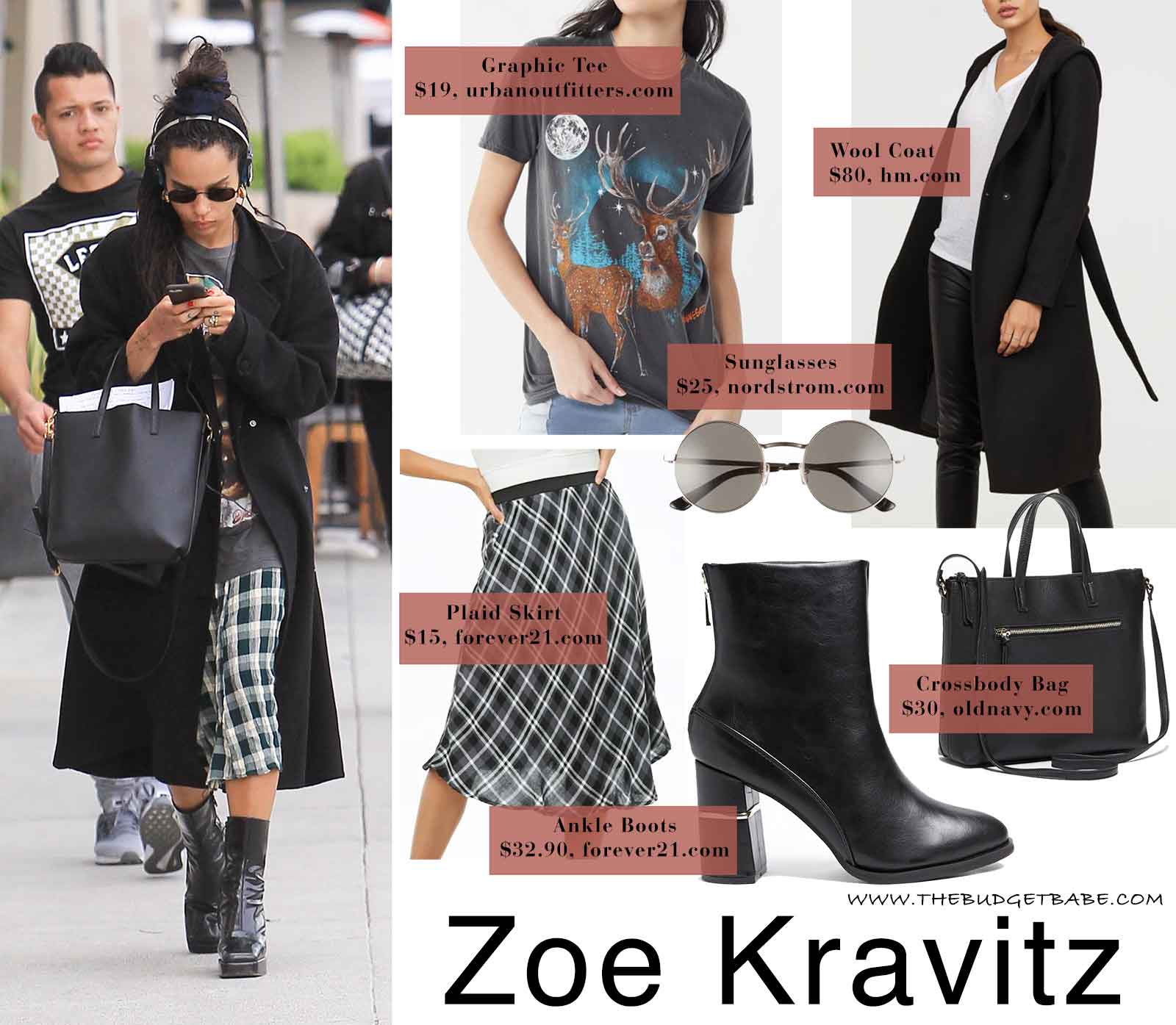 Zoe Kravitz in a plaid skirt and platform ankle boots