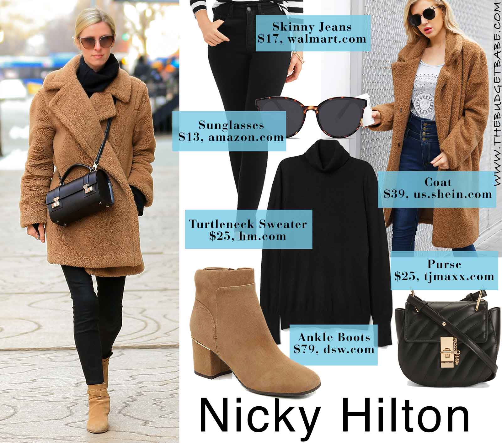 Nicky Hilton's teddy coat and ankle boots look for less