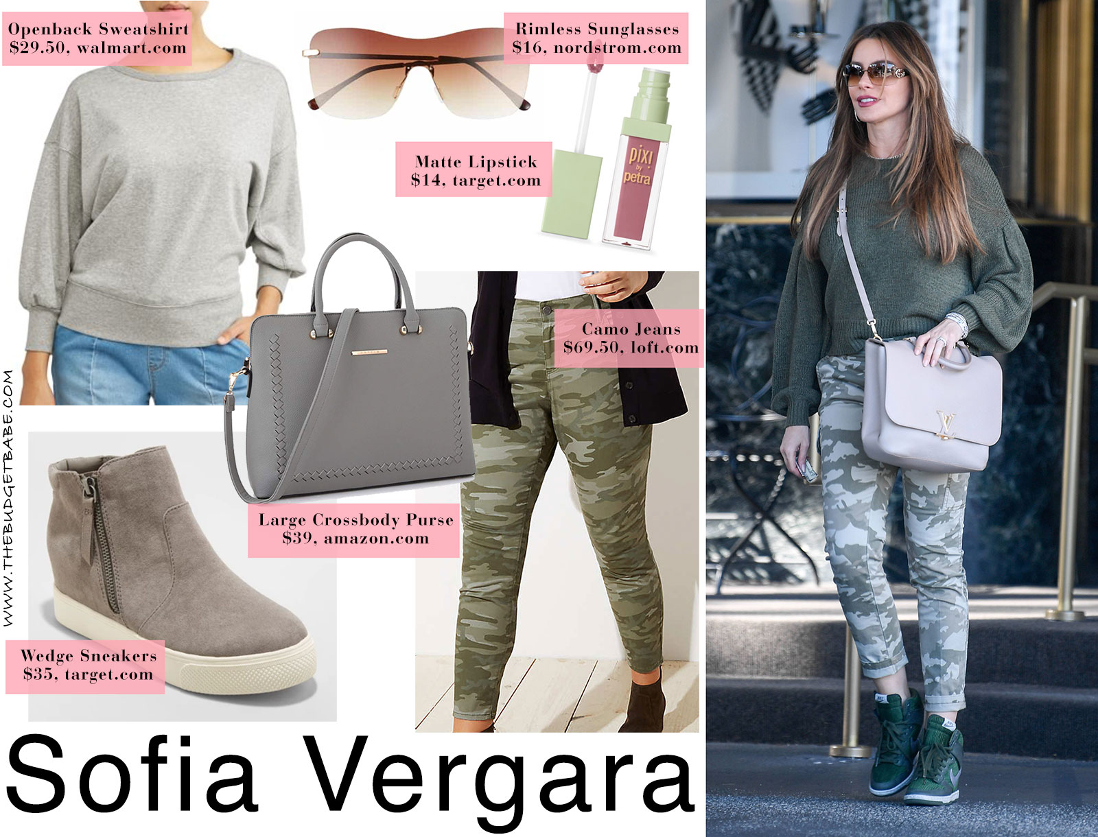 Sofia Vergara's dolman sleeve sweater, camo jeans and wedge sneakers look for less