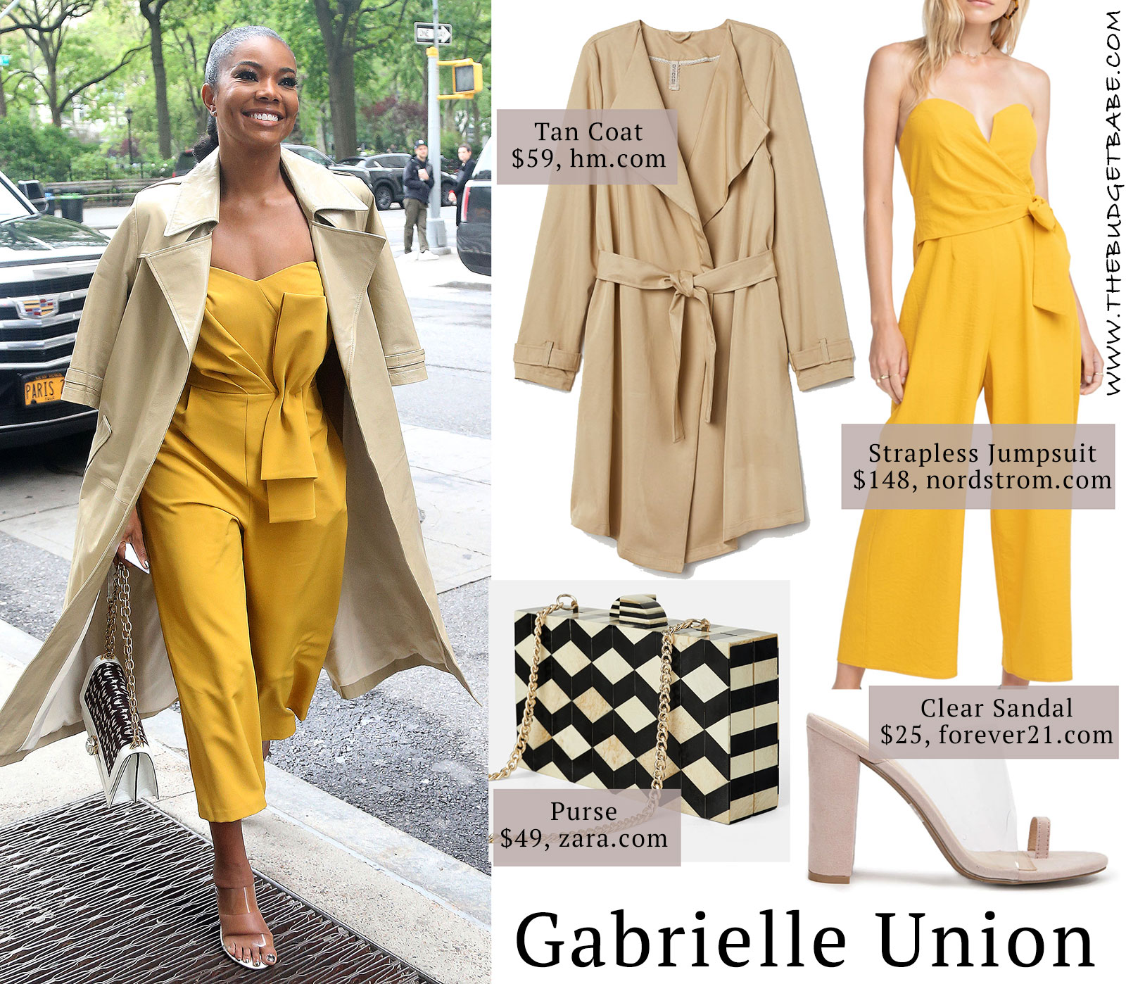 Gabrielle Union's yellow jumpsuit and clear sandals look for less