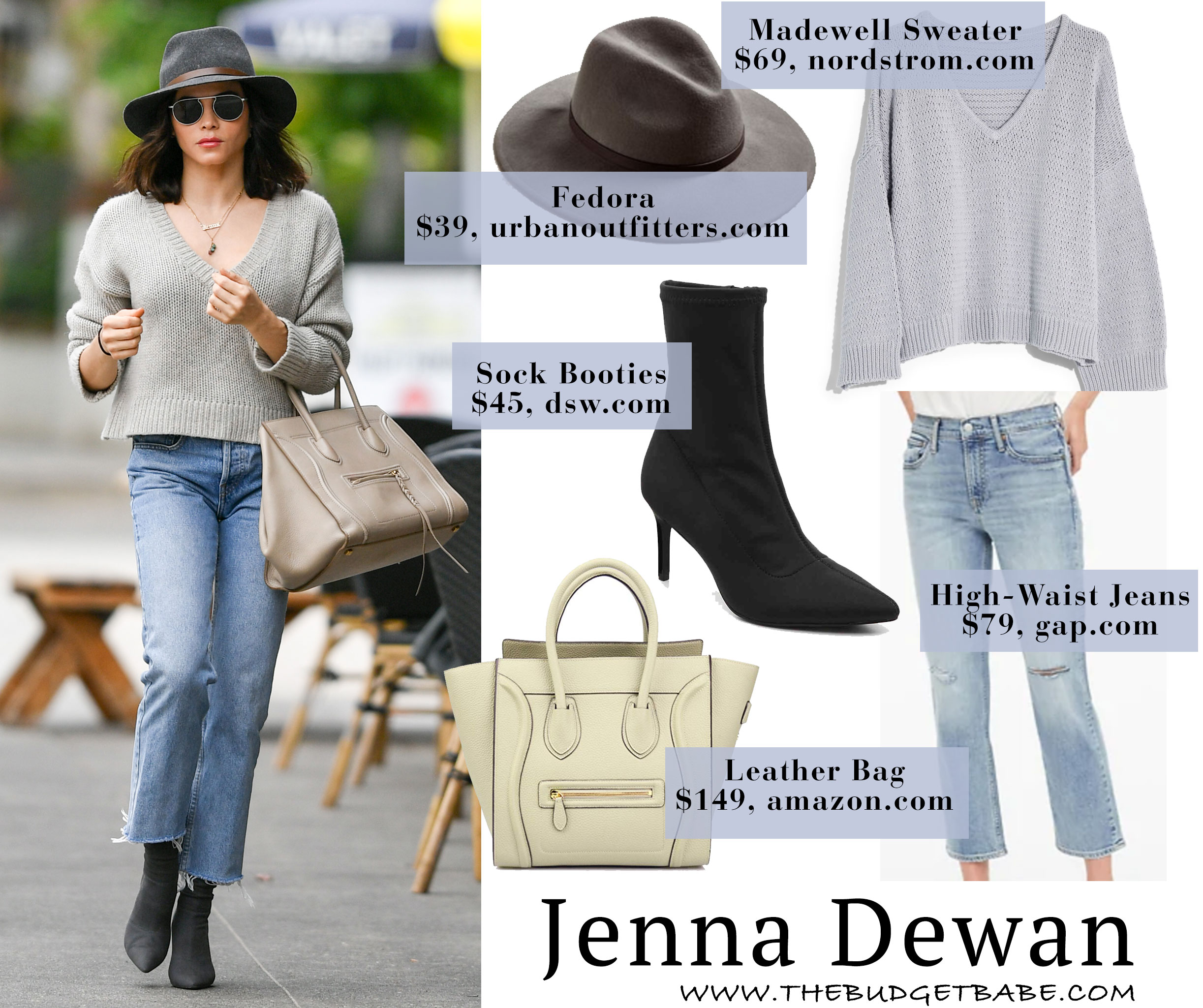 Jenna Dewan's v-neck sweater and Celine bag outfit idea for less
