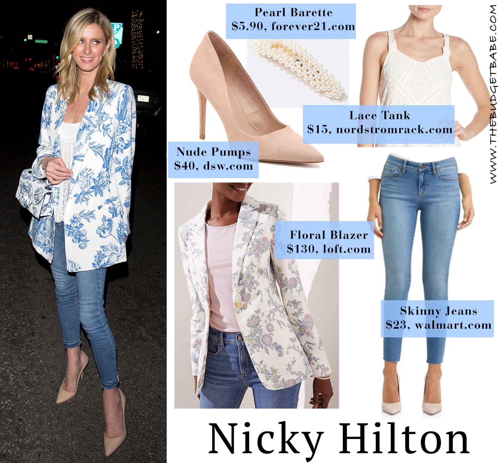 Nicky Hilton's floral blazer and nude pumps look for less