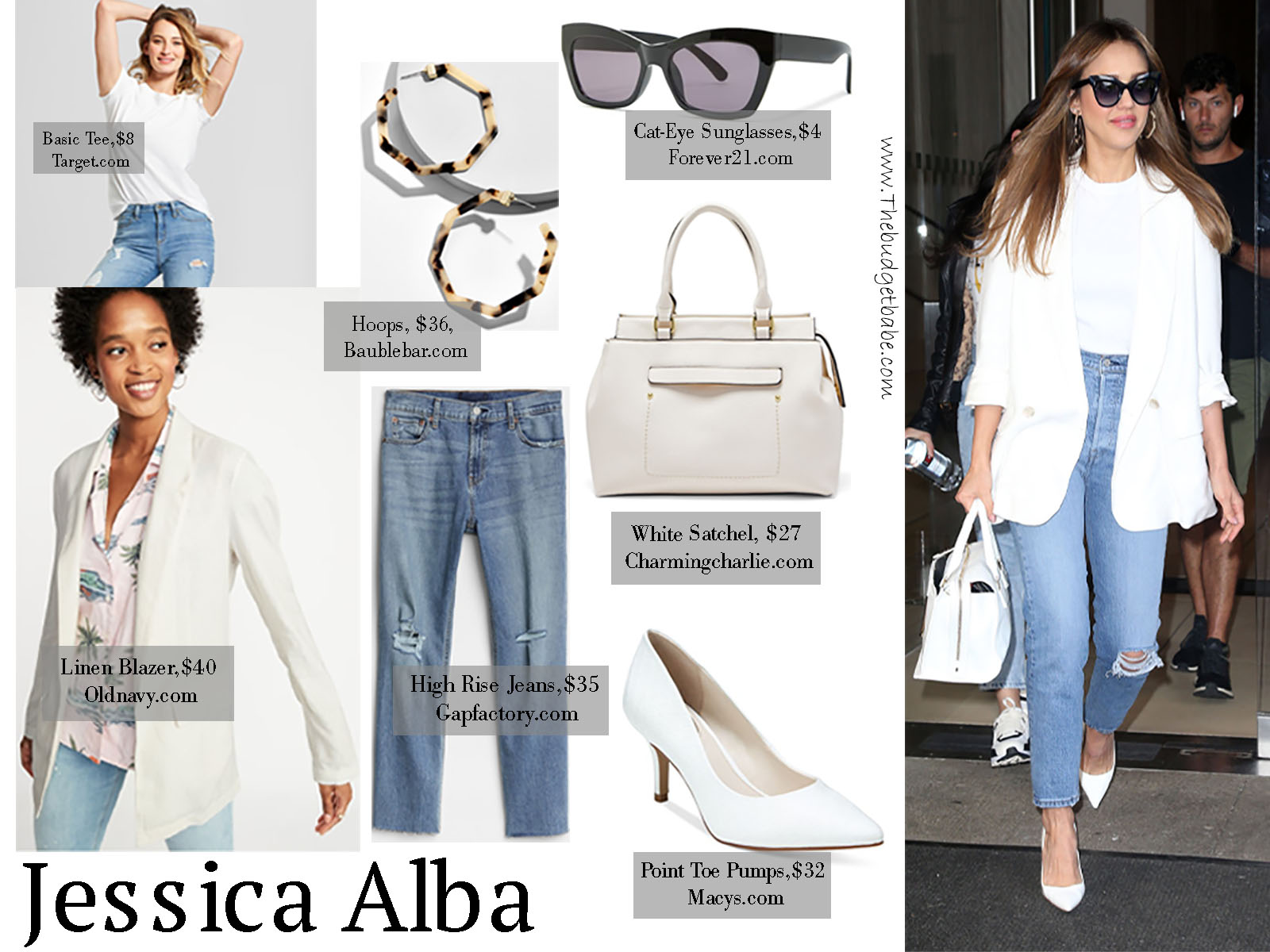 Jessica Alba White Blazer Denim Handbag Pumps Sunglasses 