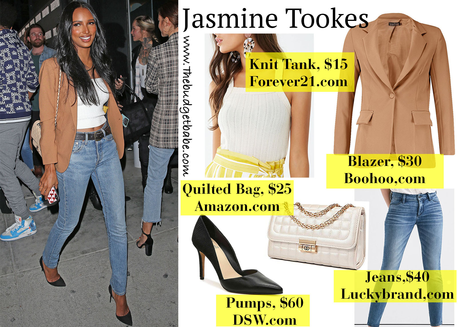Jasmine Tookes Camel Blazer and Jeans Look for Less