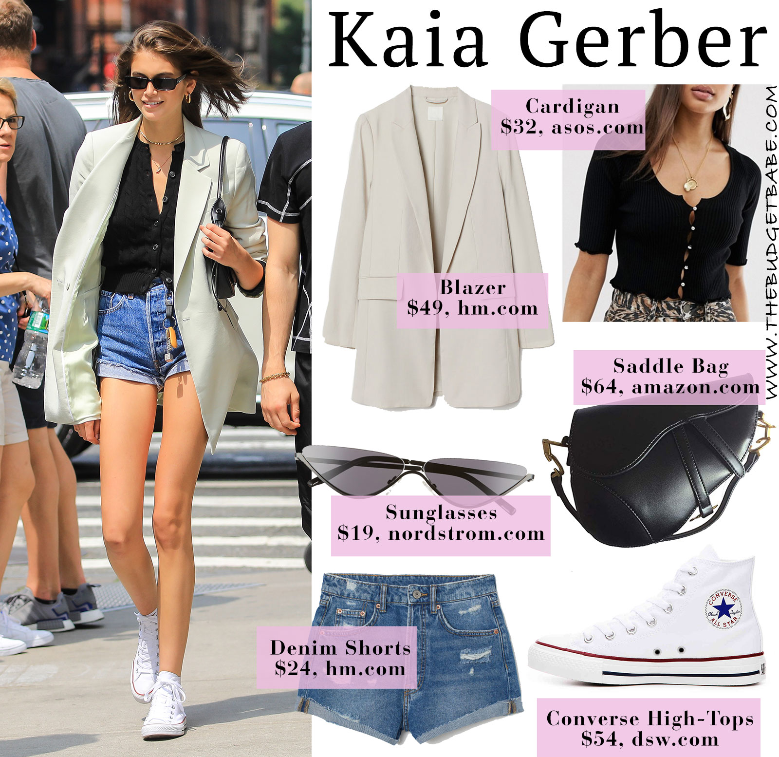 Kaia Gerber inspired streetstyle for summer with tan blazer, Converse and cut-offs