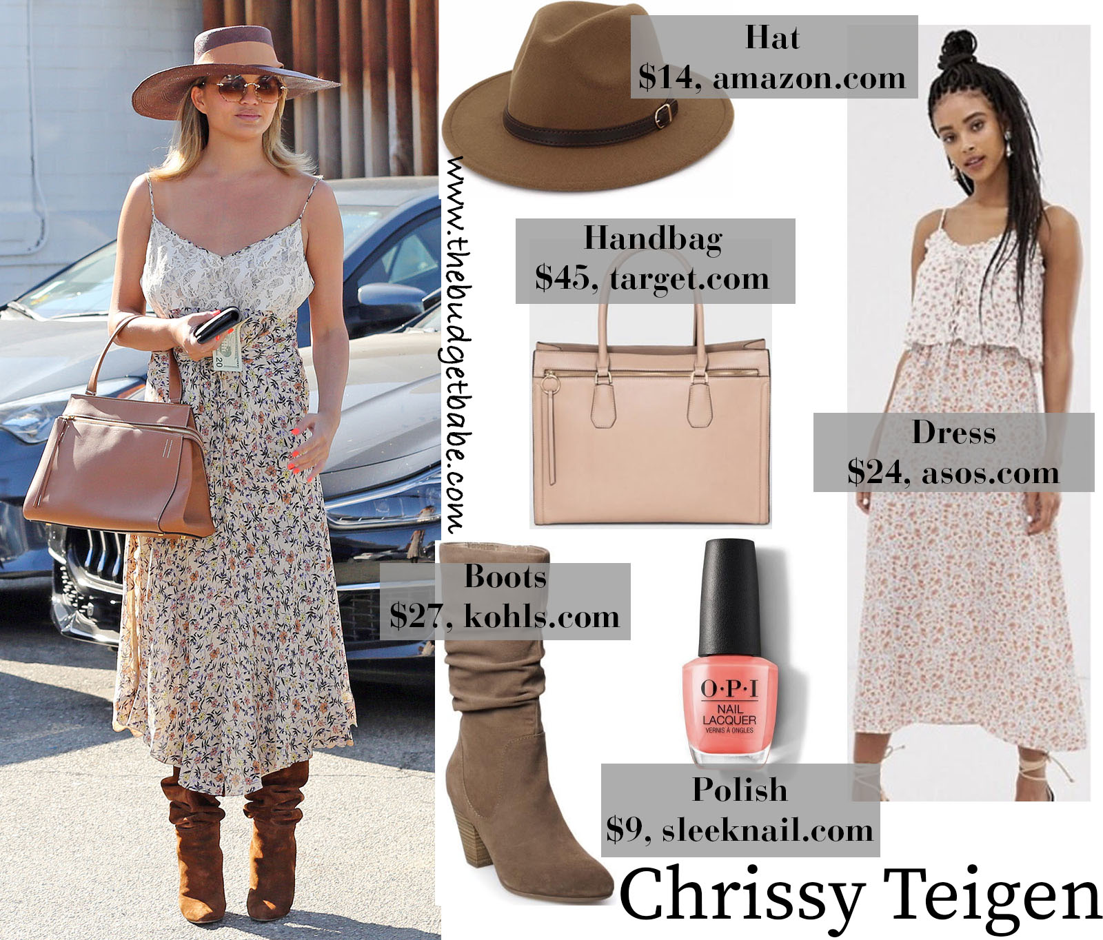 Chrissy Teigen's Floral Midi Dress, Suede Boots, and Wide Brim Hat