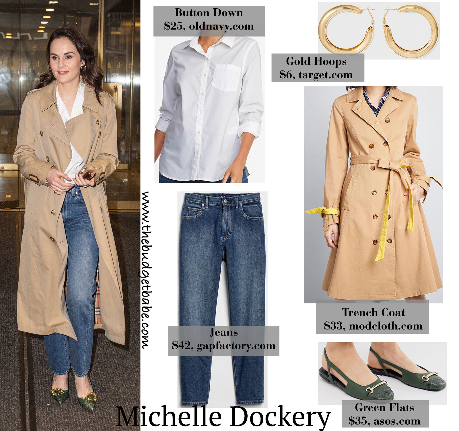 Michelle Dockery looks classic and chic in a long trench coat and green flats!